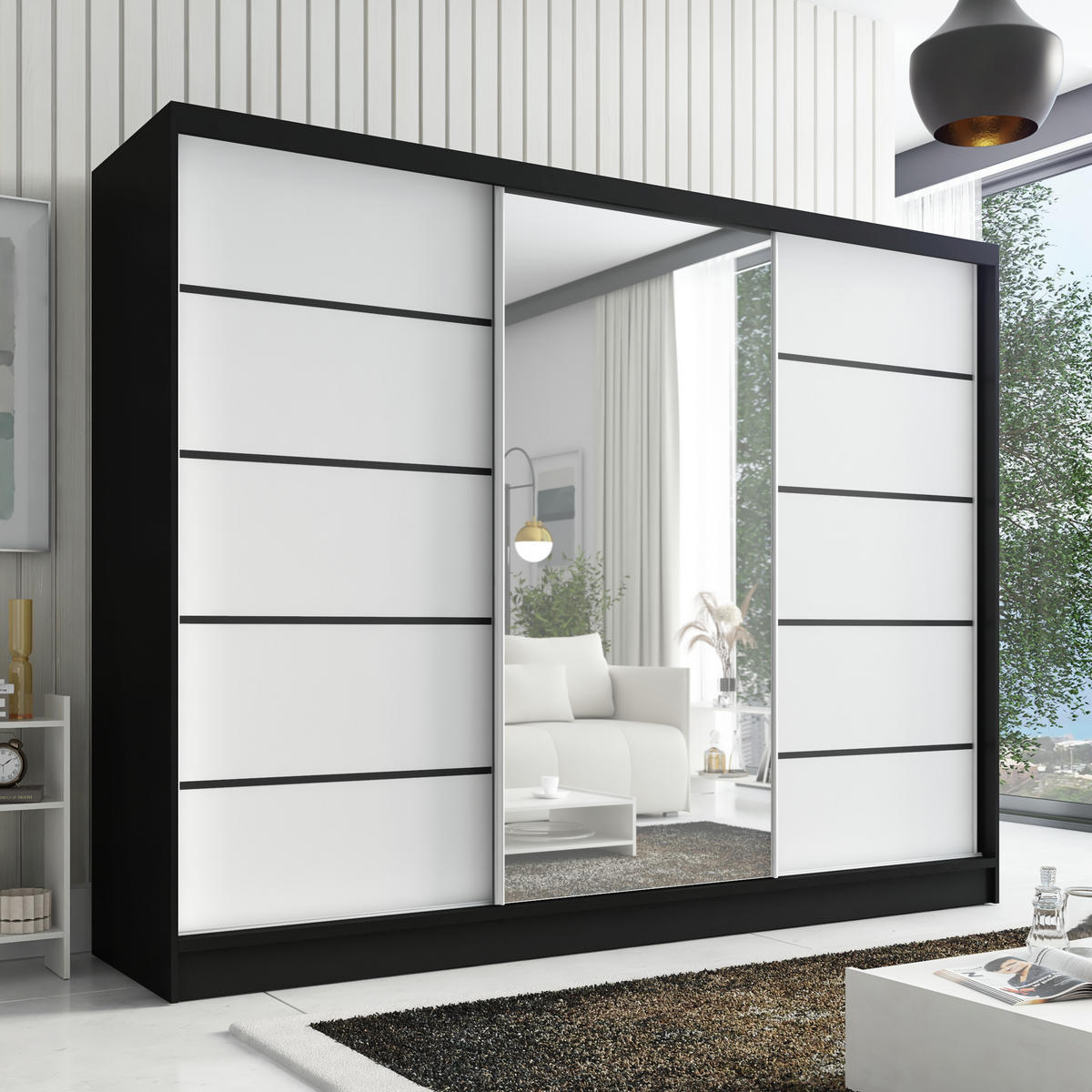 SCHWEBETÜRENSCHRANK 200 cm AURELIA 2 Farbe: Schwarz, Weiß - Schwarz/Weiß, Holzwerkstoff (200/215/60cm) - A&J MöbelLand