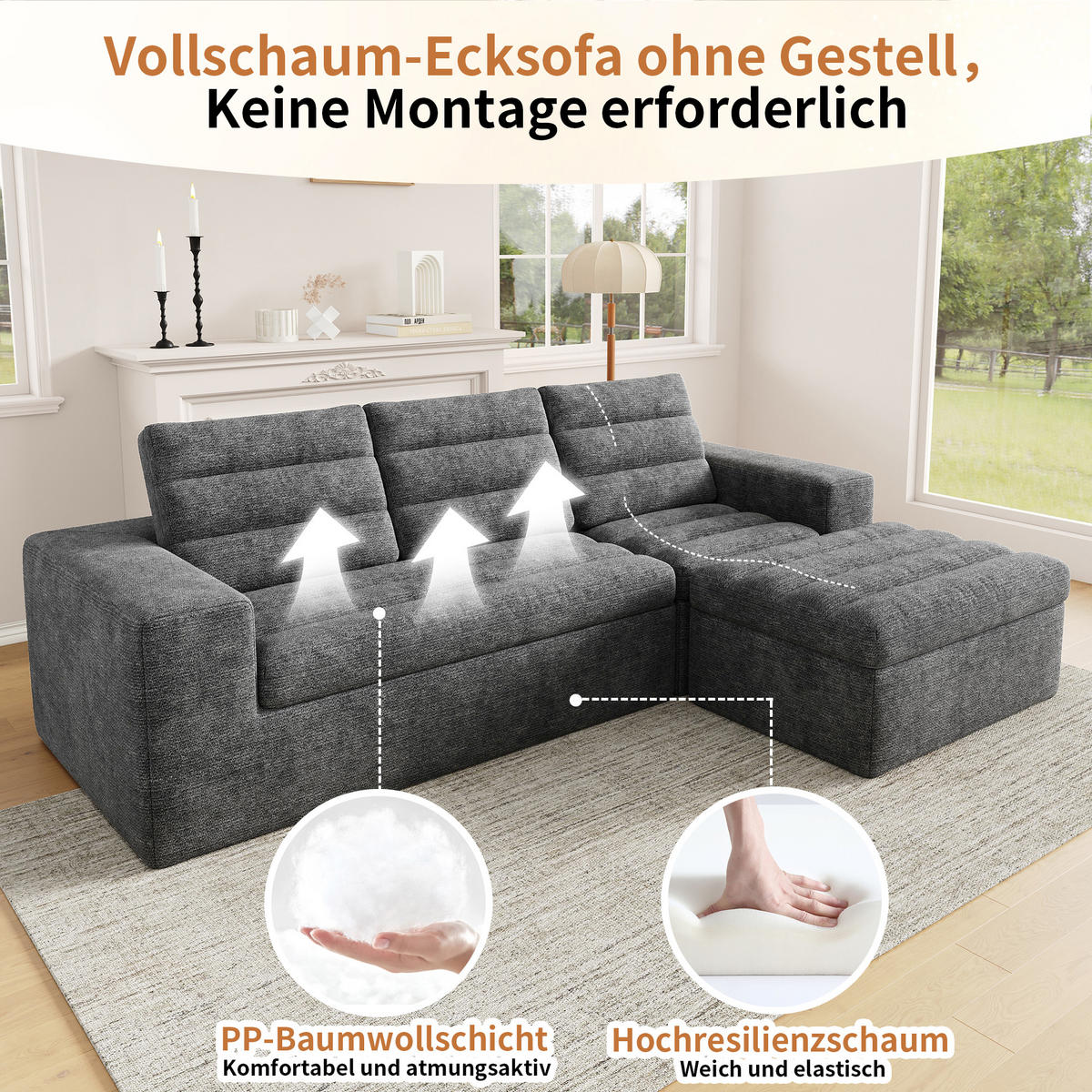 WOHNLANDSCHAFT 253/161/89 cm Hellgrau mit 1 Fußhocker - Hellgrau, Textil (253/89/161cm) - Oxeza
