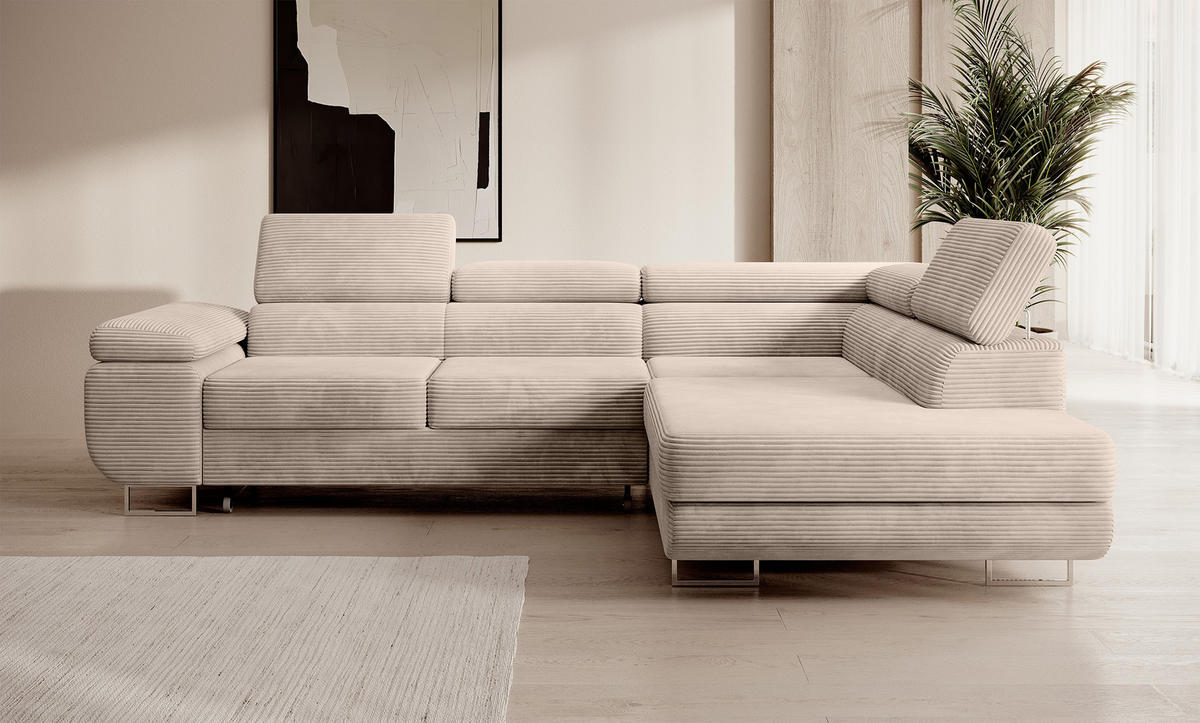 ECKSOFA Stevil Dunkelbeige Cordbezug - Silberfarben/Mokka, Textil/Metall (275/203cm) - Selsey