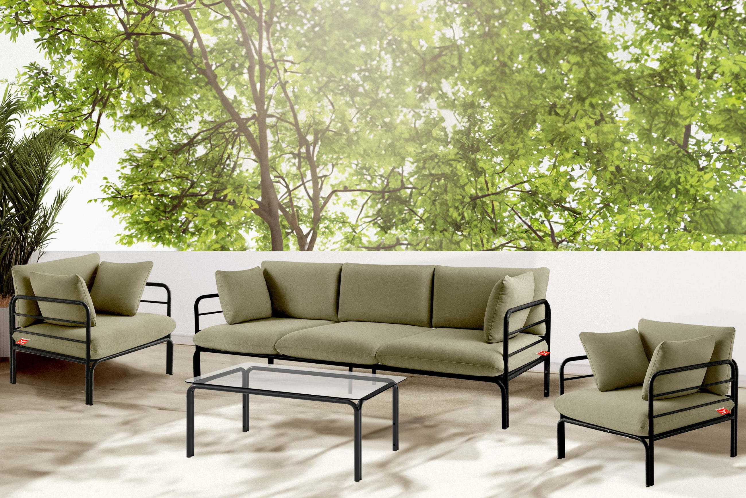 GARTENMÖBELSET RAMBE 4-tlg. 1x Tisch 2x Sessel 1x Sofa 3-Sitzer, mit Auflage, Stahlrahmen, LOFT-STIL, Anthrazit/Beige - Dunkelgrau/Beige, Textil/Metall - KONSIMO®