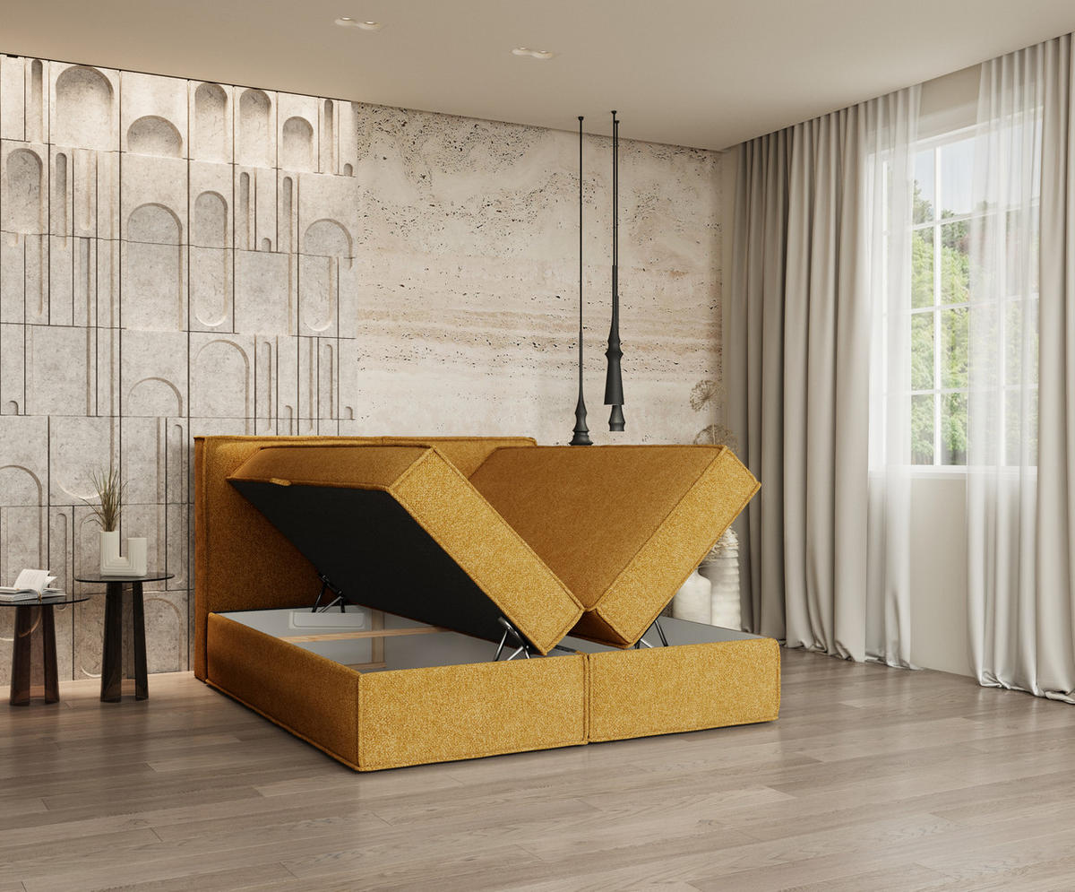 BOXBETT Bergen Gelb 200/200 cm mit Matratze - Gelb/Schwarz, Holz/Holzwerkstoff (200/200cm) - Maison de Reve