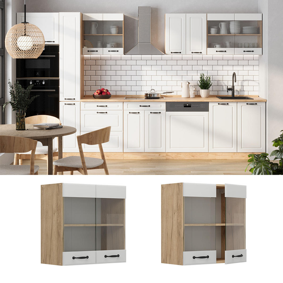 KÜCHENGLASHÄNGESCHRANK R-Line Weiß Landhaus 60 cm - Honigeiche/Eiche Wotan, Holzwerkstoff (60/60/31cm) - Vicco