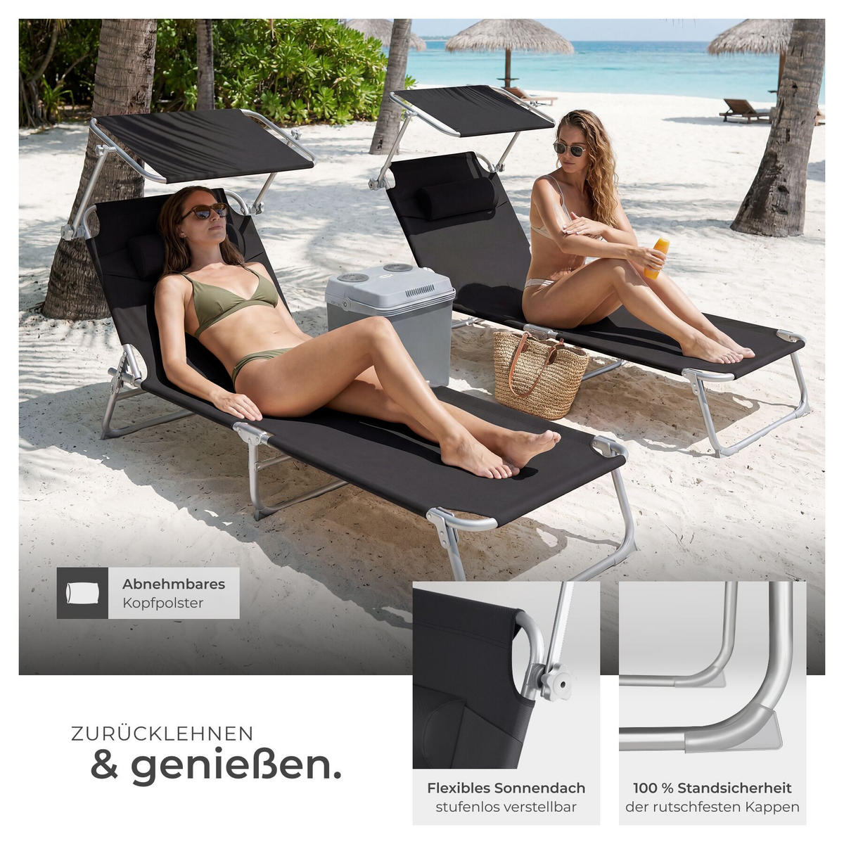 SONNENLIEGE 2er Set Chloé, 190 x 68 x 111 cm, schwarz - Schwarz, Kunststoff (68/65/190cm) - tectake
