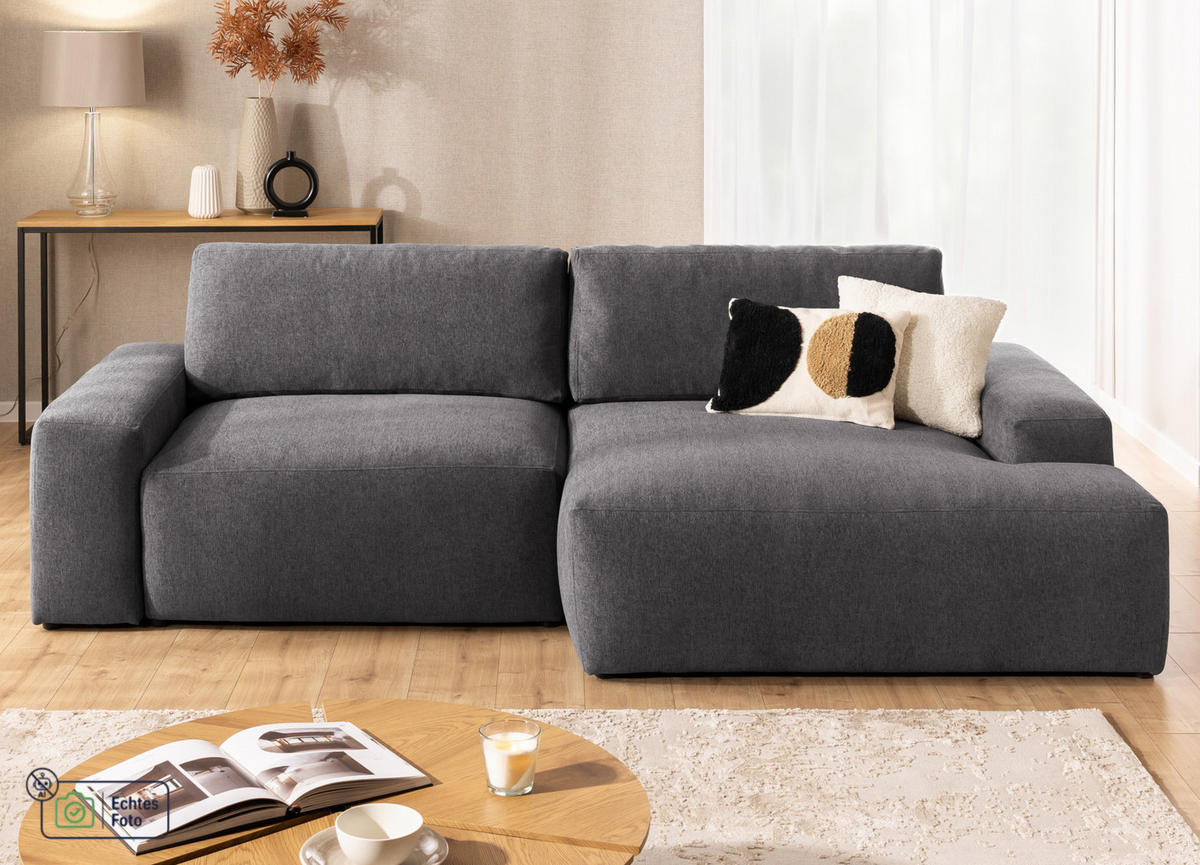 ECKSOFA Lennon aus Graphit Strukturstoff mit Schlaffunktion und Bettkasten - Graphitfarben/Schwarz, Holz/Kunststoff (264/137cm) - S-Style