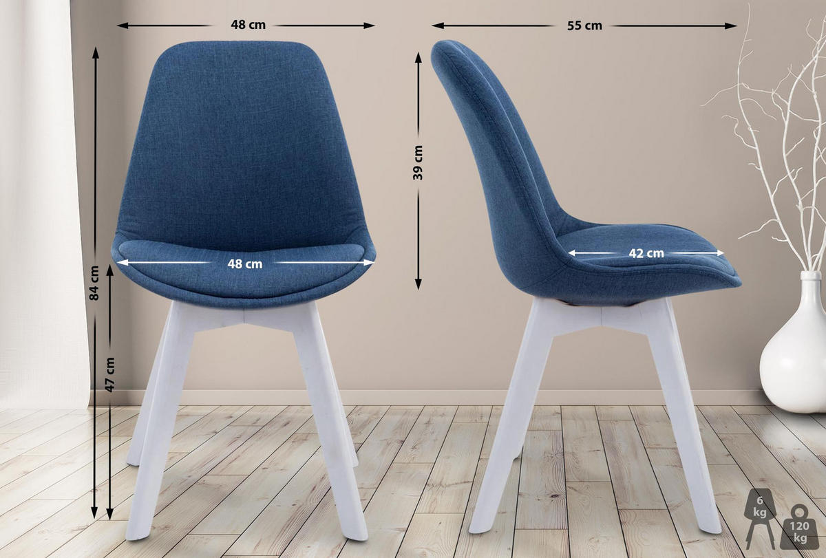 STUHL Stoff Blau - Blau/Weiß, Holz/Textil (48/84/55cm) - CLP