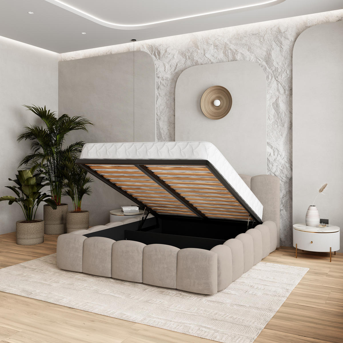 POLSTERBETT FALINA 160x200 cm mit Bettkästen - Beige - Beige, Holz (160/200cm) - MASSENO