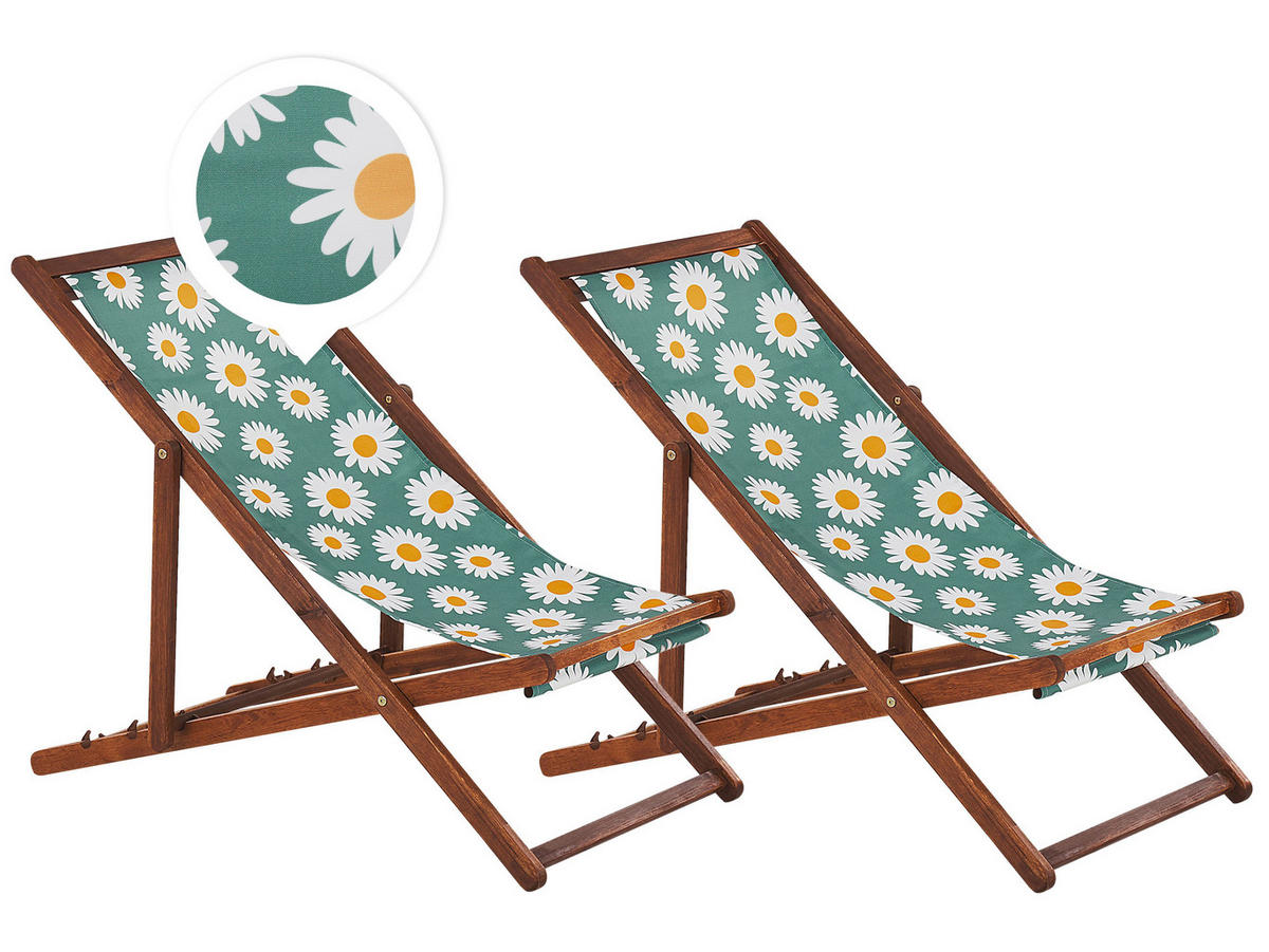 GARTENLIEGE 2er-Set dunkelbraun Textil weiß/mehrfarbig Kamillemuster Anzio - Dunkelbraun/Multicolor, Textil (54/70/97cm) - Beliani