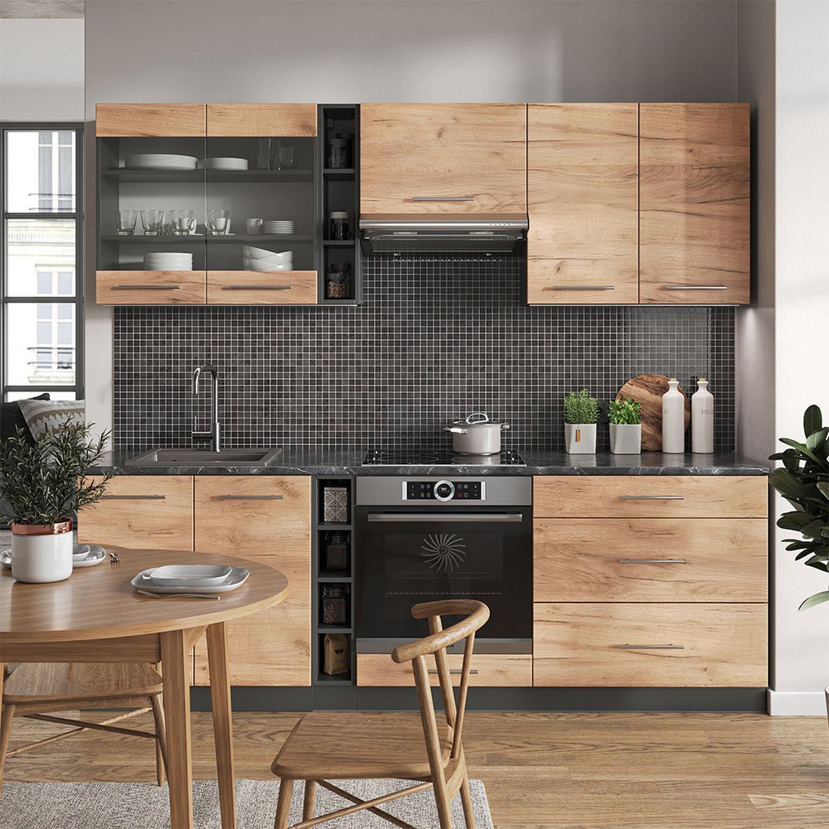 KÜCHENZEILE Fame-Line Goldkraft Eiche/Anthrazit 235 cm, AP Marmor - Honigeiche/Anthrazit, Holzwerkstoff (235/81.6/60cm) - Vicco