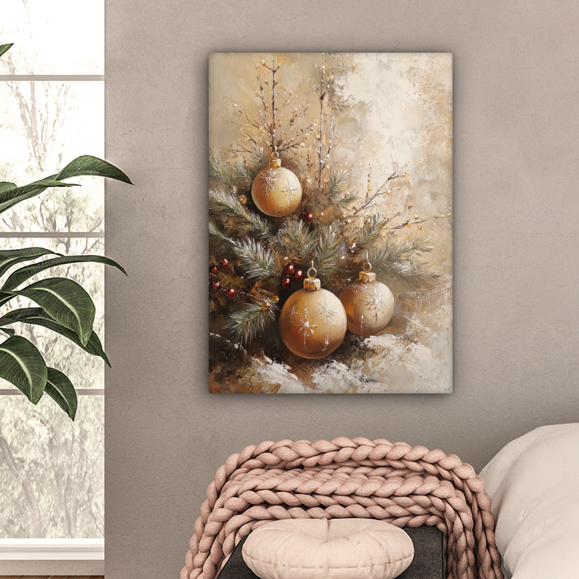 LEINWANDBILD Weihnachten - Kugeln - Beige - Gold 60x80 cm - Goldfarben, Textil (60/80cm) - MuchoWow