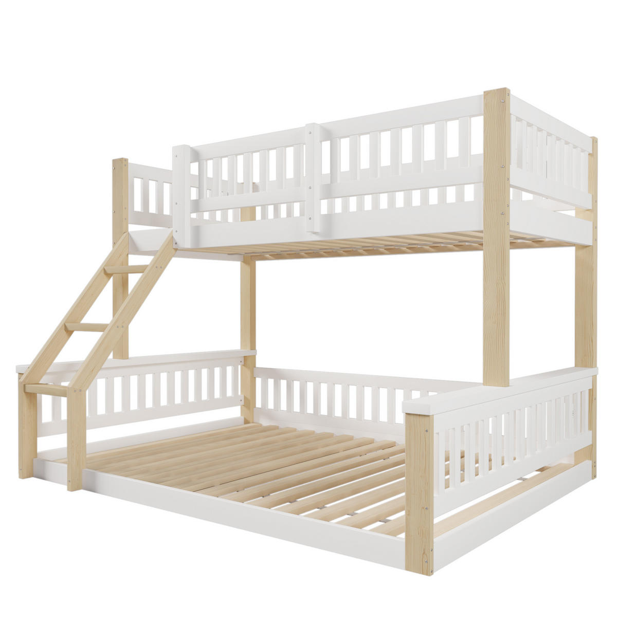 ETAGENBETT 90/200 cm + 140/200 cm in Weiß/Natur aus Kiefer mit Leiter und Bettgitter - Weiß, Holz (90/200cm) - OKMYHOME