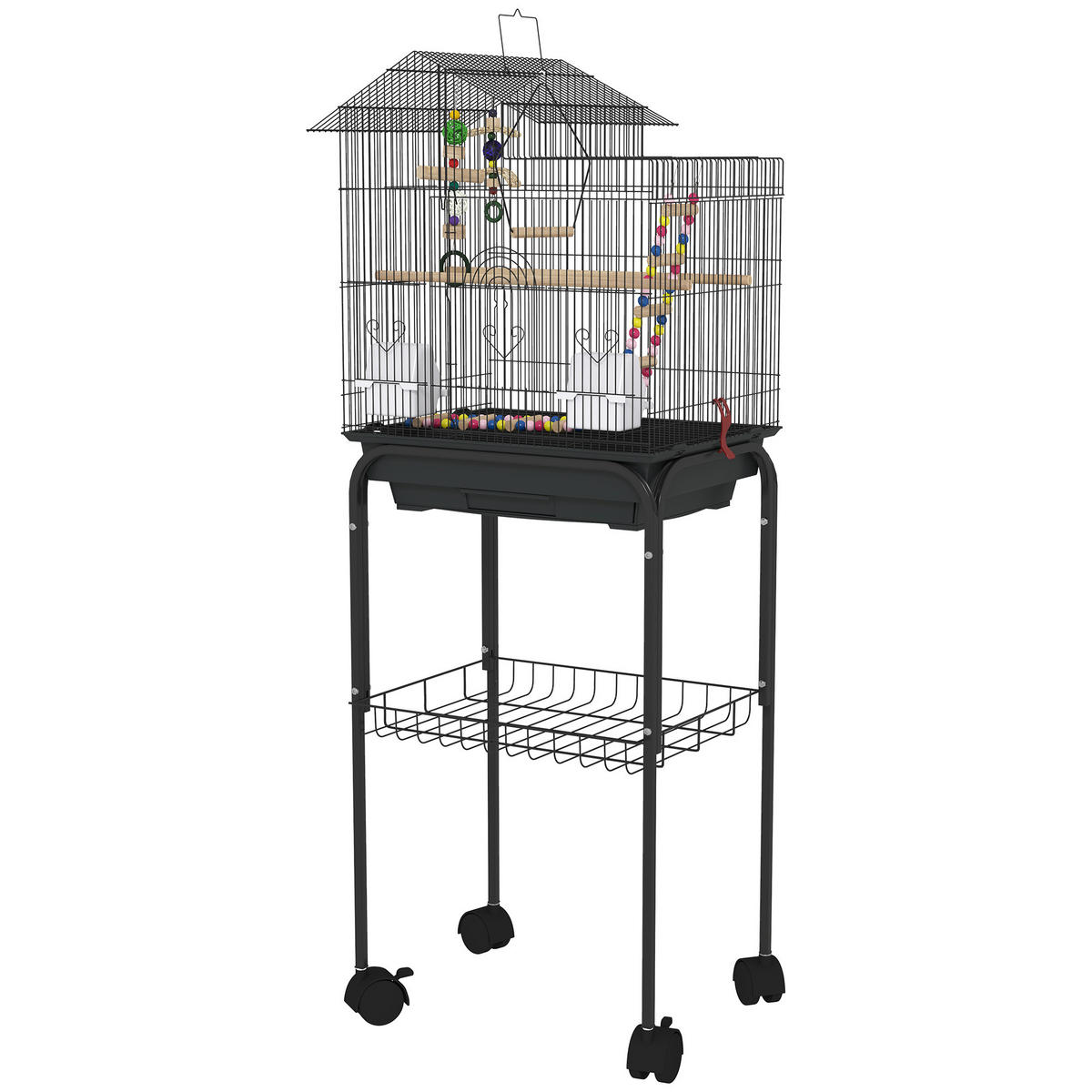 VOGELKÄFIG DE-17843 2 Näpfe & 2 Sitzstangen auf Rollen - Schwarz, Metall (36/120/46cm) - ComfortXL