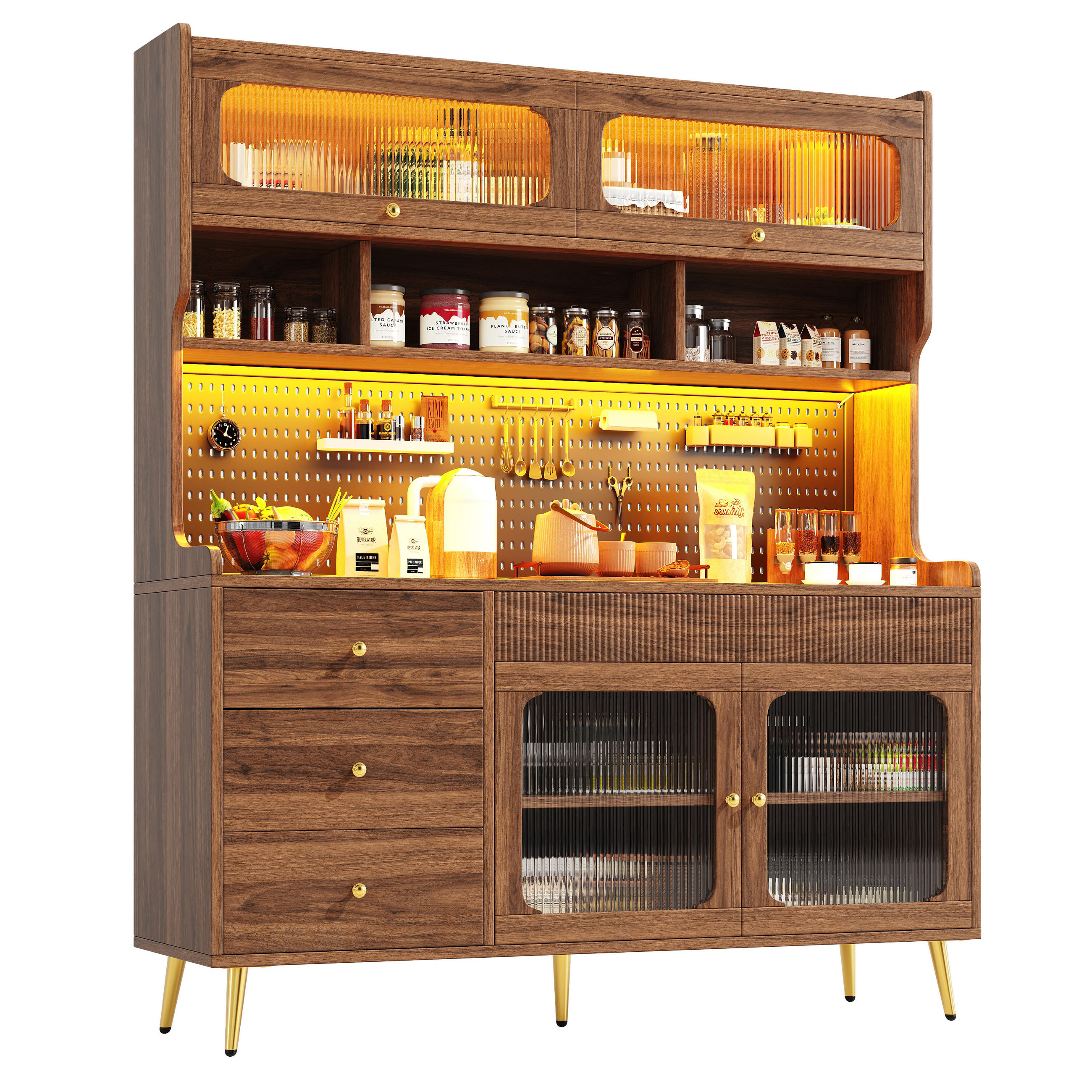 GESCHIRRSCHRANK aus MDF/Glas 145x39x171 cm in Walnuss mit RGB-LED & Lift-up-Tür - Walnussfarben, Holzwerkstoff (145/171/39cm) - Modfu