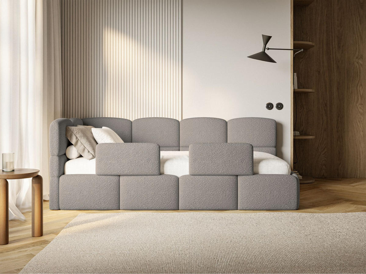 JUGENDBETT Cloudy links mit Matratze und Rausfallschutz Bouclé Grau - Grau, Kunststoff/Textil (90/200cm) - Selsey