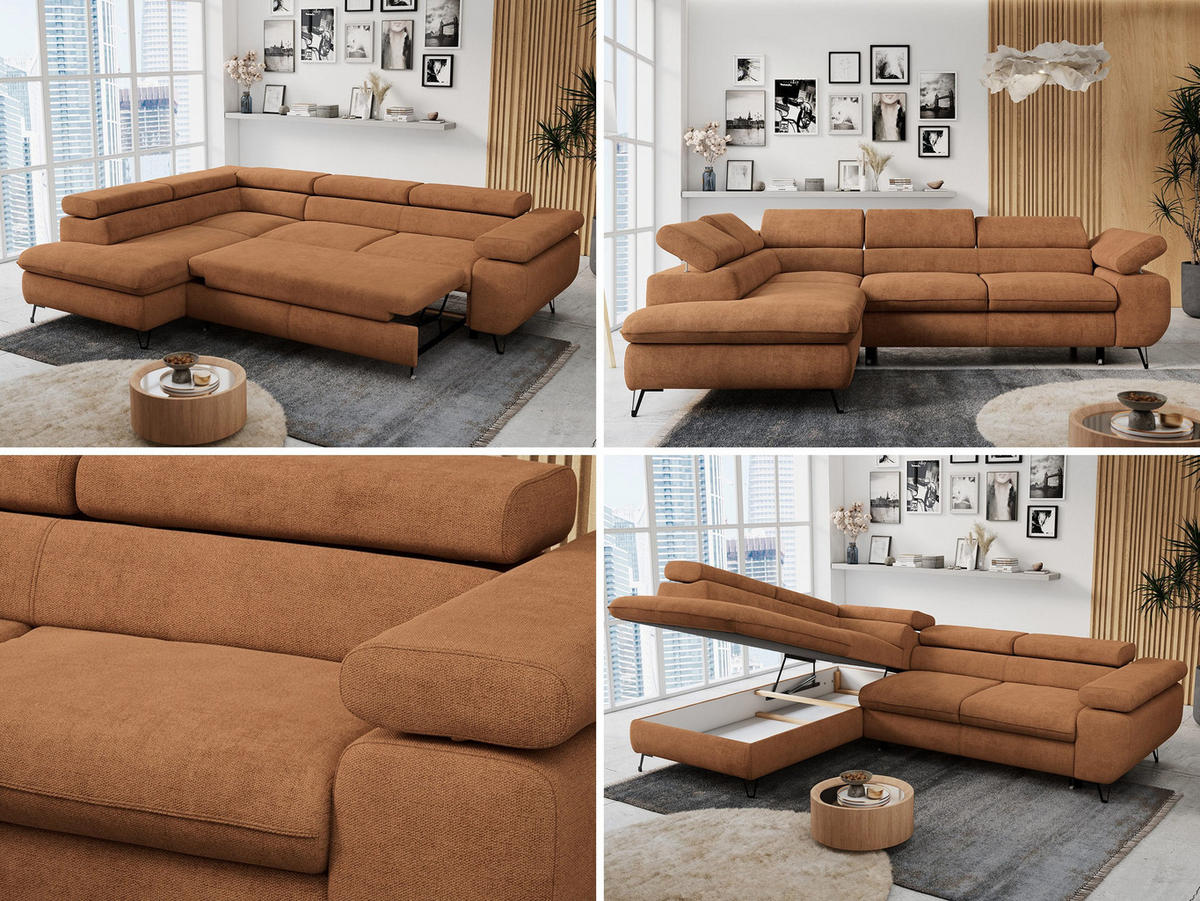ECKSOFA PETER L Orange Struktur - Links Seite - Schwarz/Orange, Textil/Metall (208/273cm) - MKS