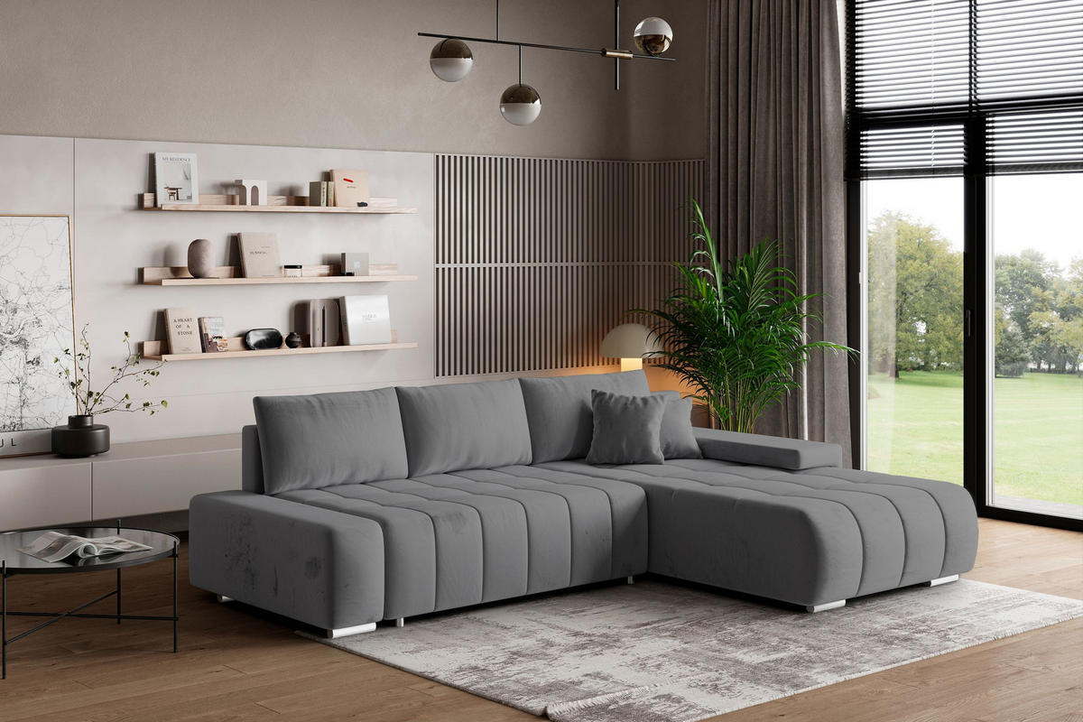 ECKSOFA ALESE R-S Grau Velours-Stoff mit Schlaffunktion - Grau, Holz (265/185cm) - MASSENO