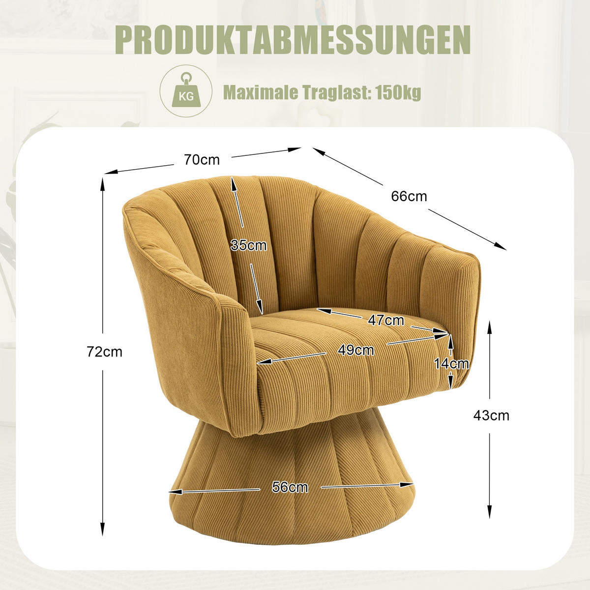 DREHSTUHL Drehsessel Loungesessel mit Polsterung,360°,Cord,Gelb - Gelb, Textil (70/72/66cm) - LVHOM