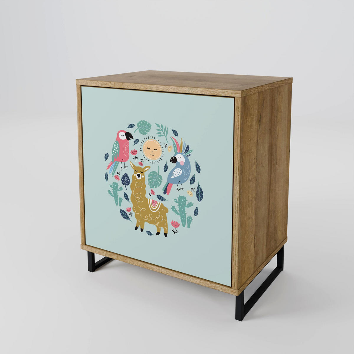 SIDEBOARD COLORFUL ALPACAS, Eichefarben, 57,5x42x77,5 cm, Schräge Buchenholzfüße - Eichefarben/Buchefarben, Holzwerkstoff/Buchenholz (57.5/77.5/42cm) - SpaceRebels