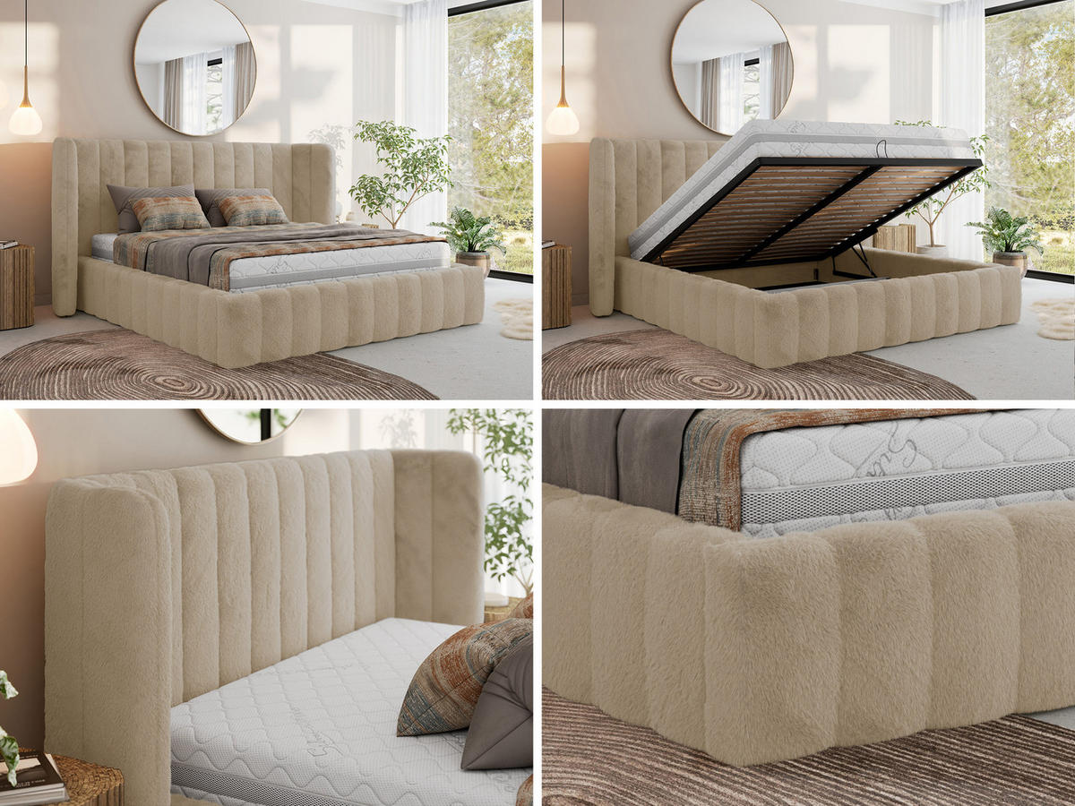 POLSTERBETT GOLETTA CLASSIC 160/200 - Creme Plüsch - Schaum-Matratze - Creme, Textil (160/200cm) - MKS