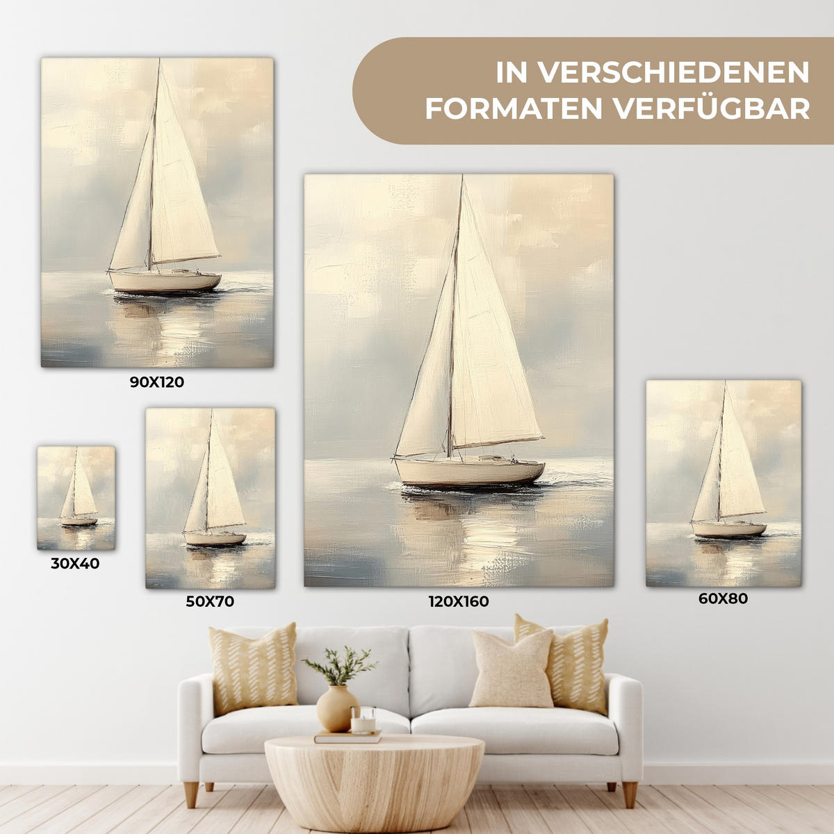 LEINWANDBILD Segelschiff - Meer - Bewölkt 30x40 cm - Creme, Textil (30/40cm) - MuchoWow