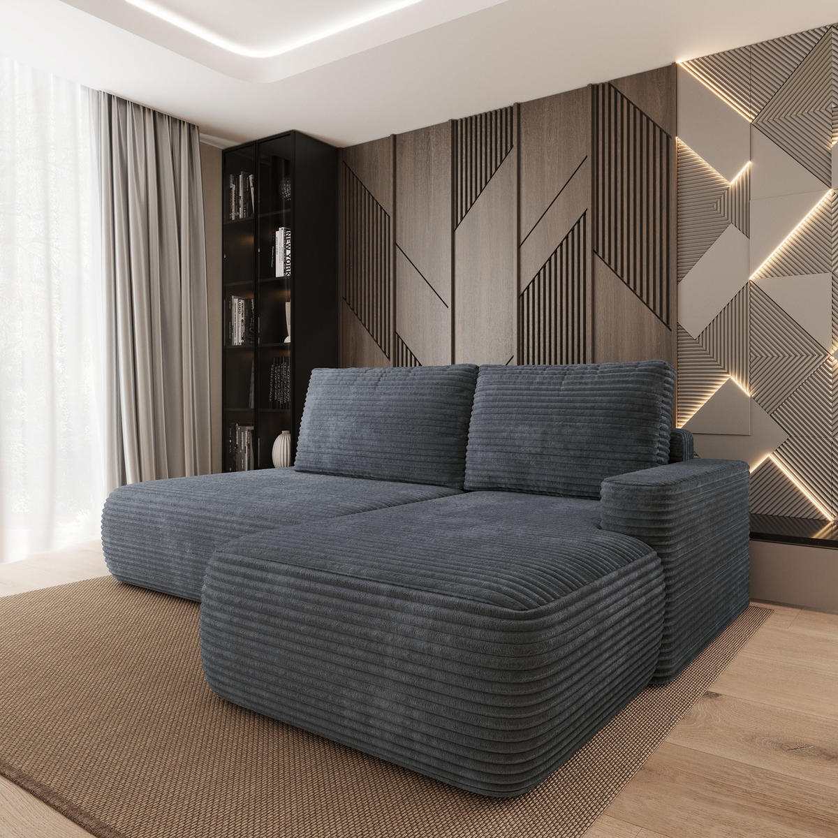 ECKSOFA AVINI T R-S Grau Kordstoff mit Schlaffunktion - Grau, Holzwerkstoff/Textil (277/160cm) - MASSENO