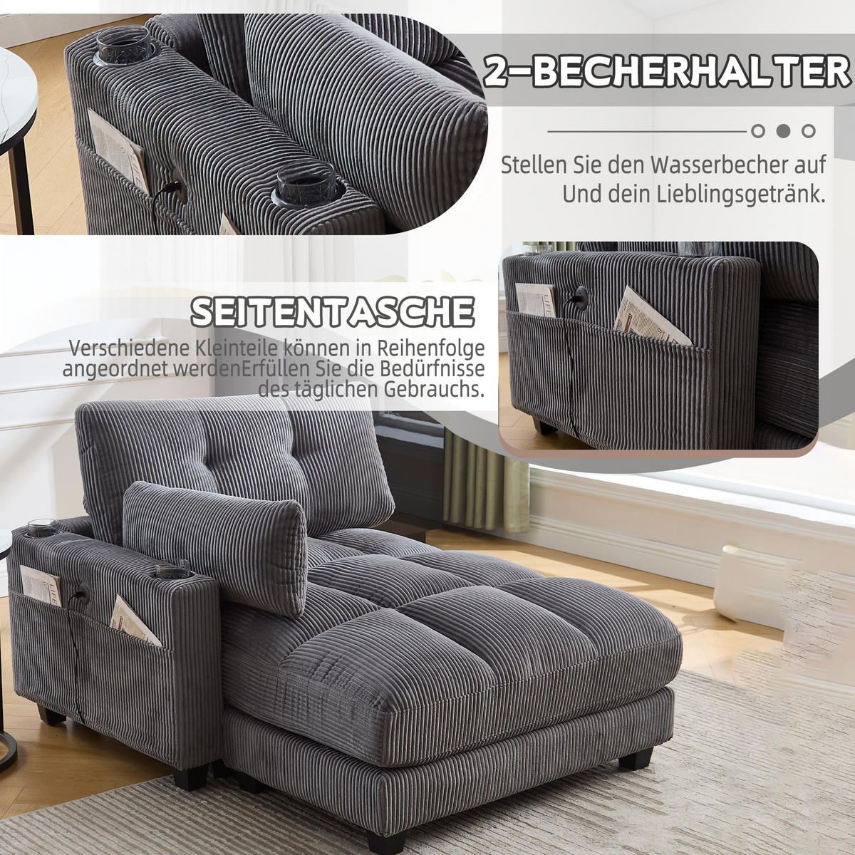 RÉCAMIERE 2-Sitzer Cord Grau mit USB, Getränkehaltern und Seitentasche - Grau, Holzwerkstoff/Kunststoff (140/81/121cm) - WISHDOR