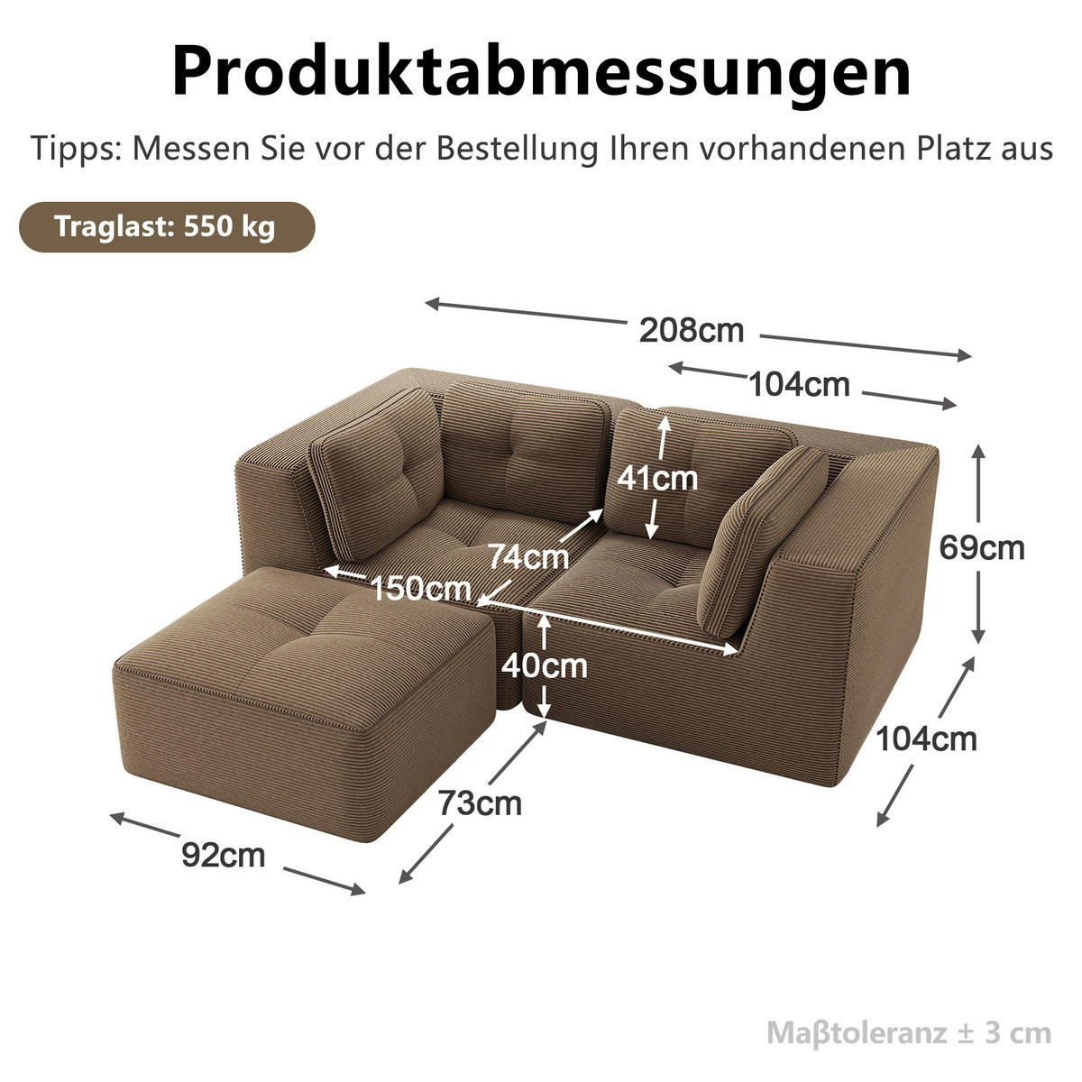 ECKSOFA DE-34220 2-Sitzer mit Fußstütze Braun - Braun, Textil (177/208cm) - ComfortXL