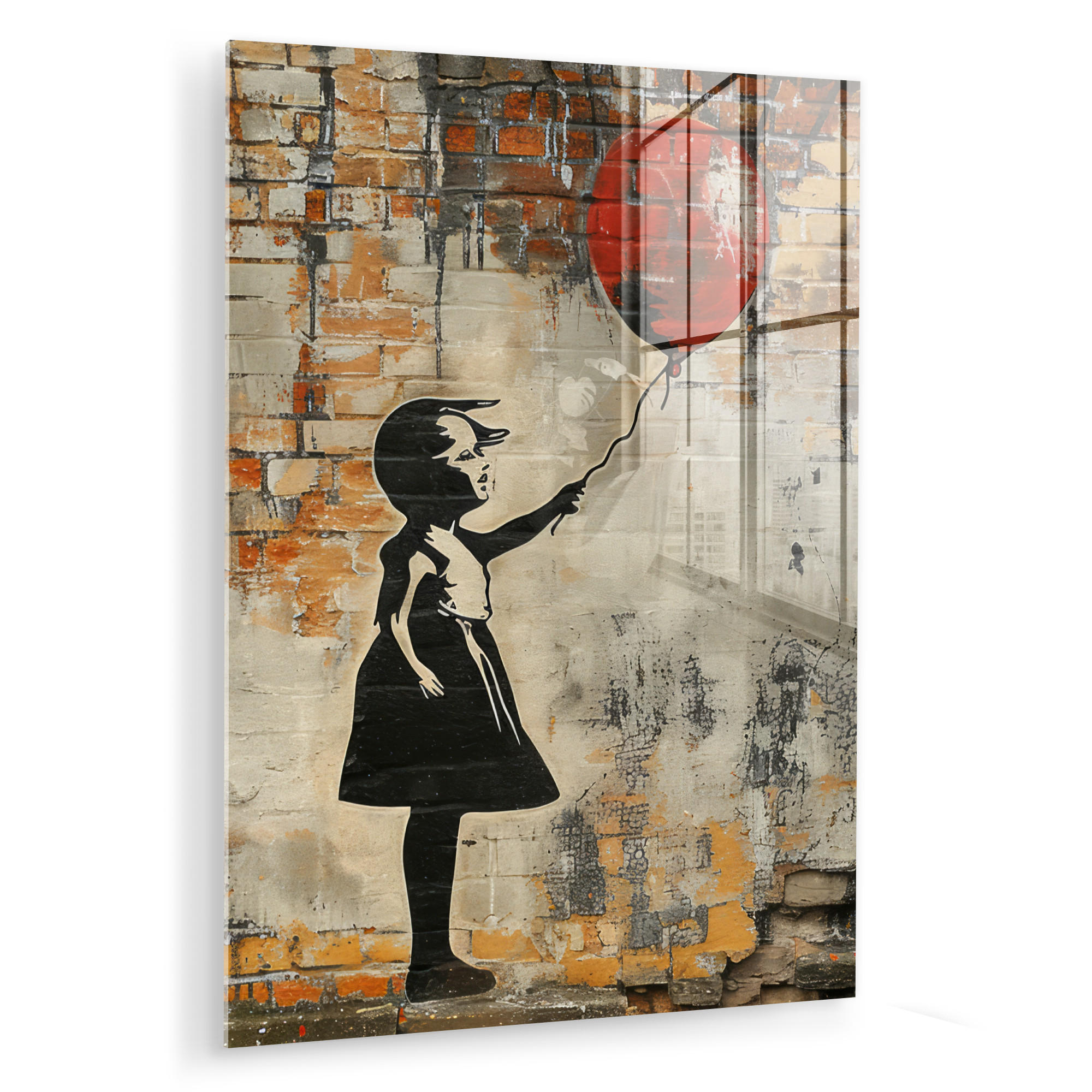 ACRYLGLASBILD Graffiti - Banksy - Mädchen - Straßenkunst 60x80 cm - Sandfarben, Glas (60/80cm) - MuchoWow
