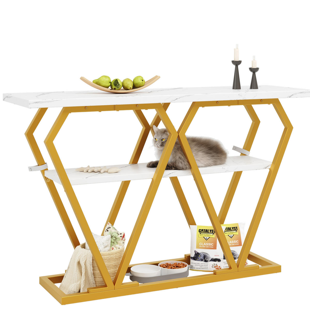 BEISTELLTISCH 120/29,5/80 cm in Weiß-Marmoroptik mit Ablage & goldenem Metallgestell - Weiß, Holzwerkstoff (120/29.5/80cm) - BEAOK