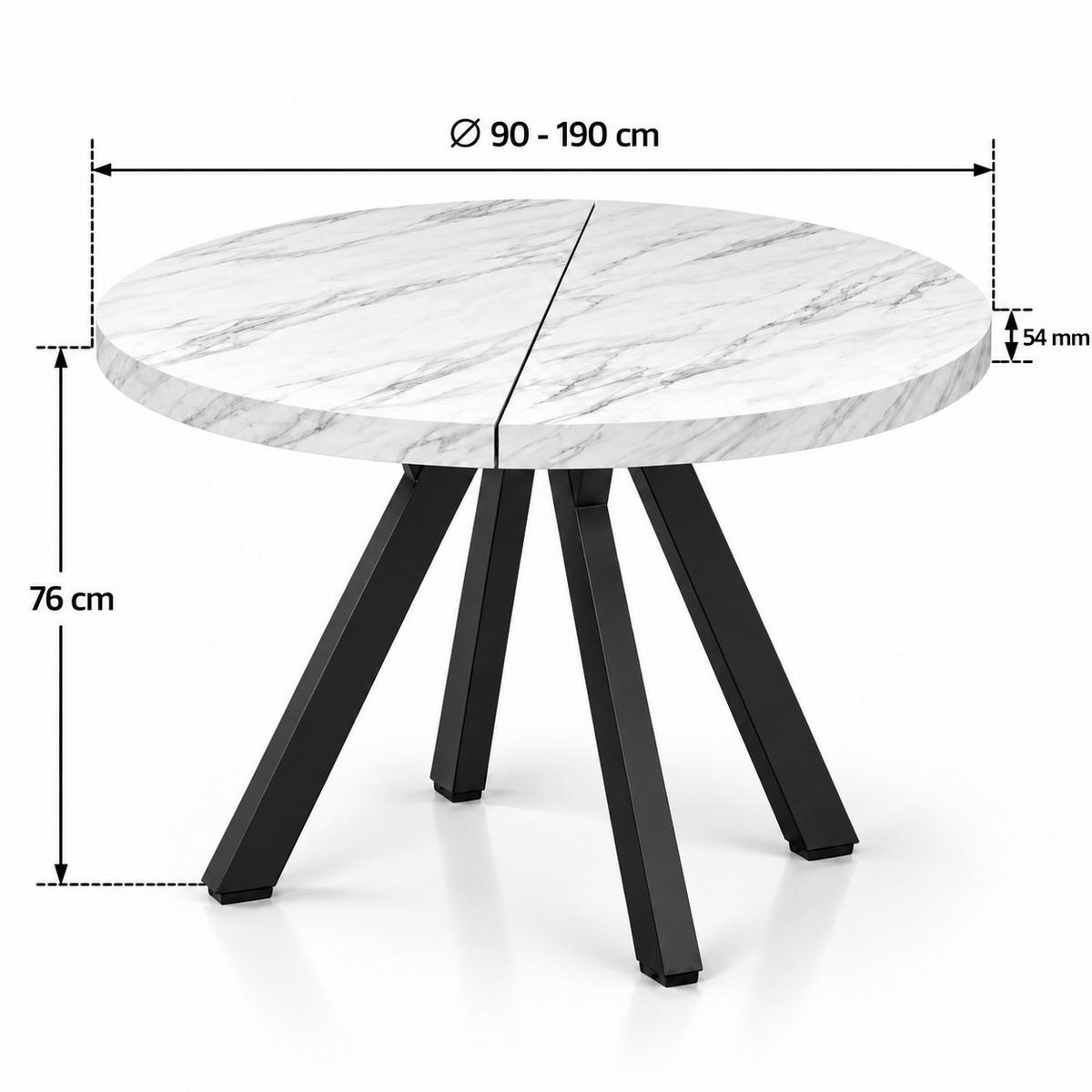 ESSTISCH rund ausziehbar 90/190/76 cm, Marmor, 54 cm Tischplatte + Y Metallgestell Schwarz - Hellgrau/Schwarz, Holzwerkstoff/Metall (90/190/76cm) - Damale Möbel