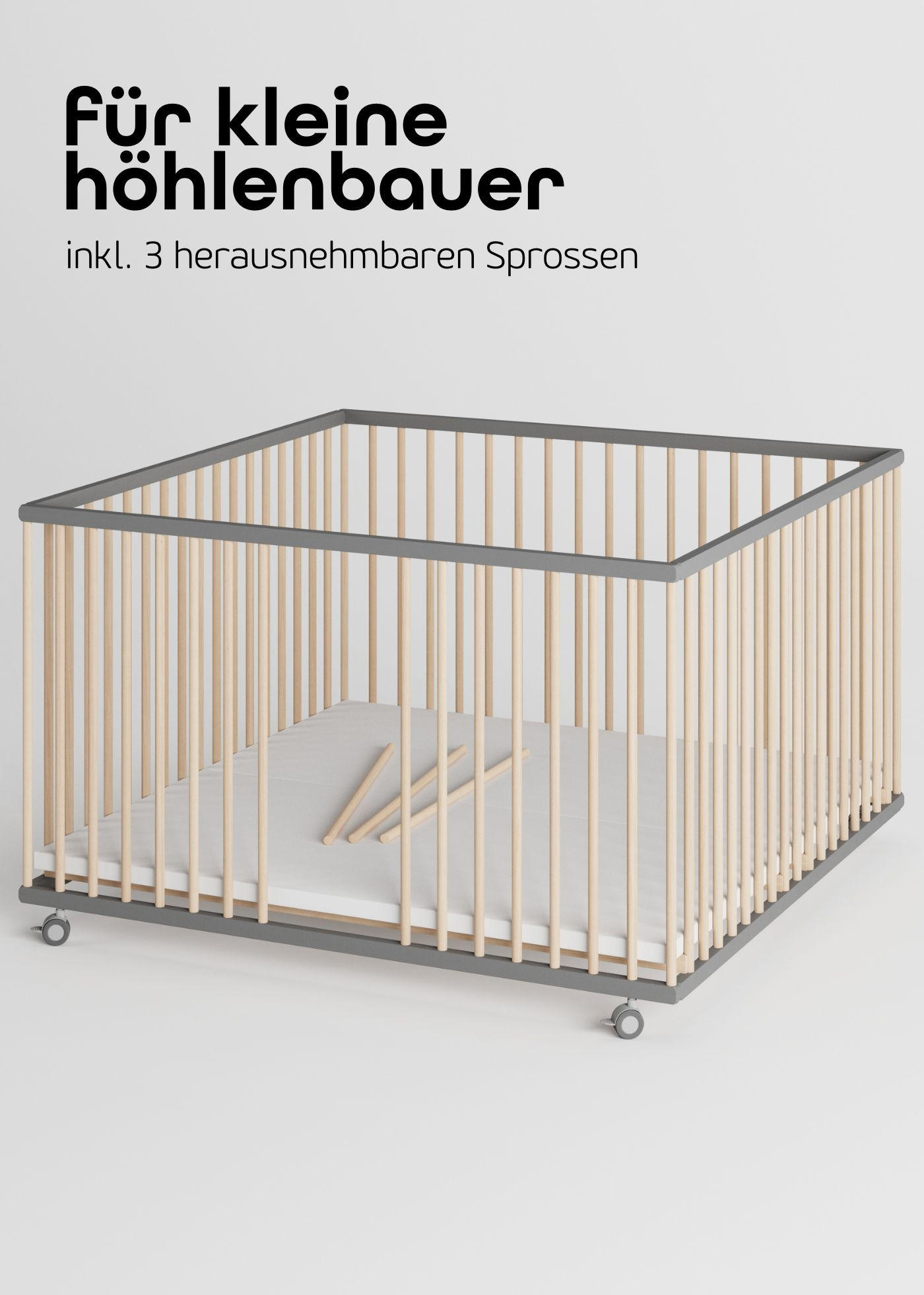 LAUFGITTER XXL 120x120 cm mit Schlupfsprossen - grau/natur mit Matratze - Premium Kollektion - Naturfarben/Grau, Holz (120/74/120cm) - Sämann – make a difference.