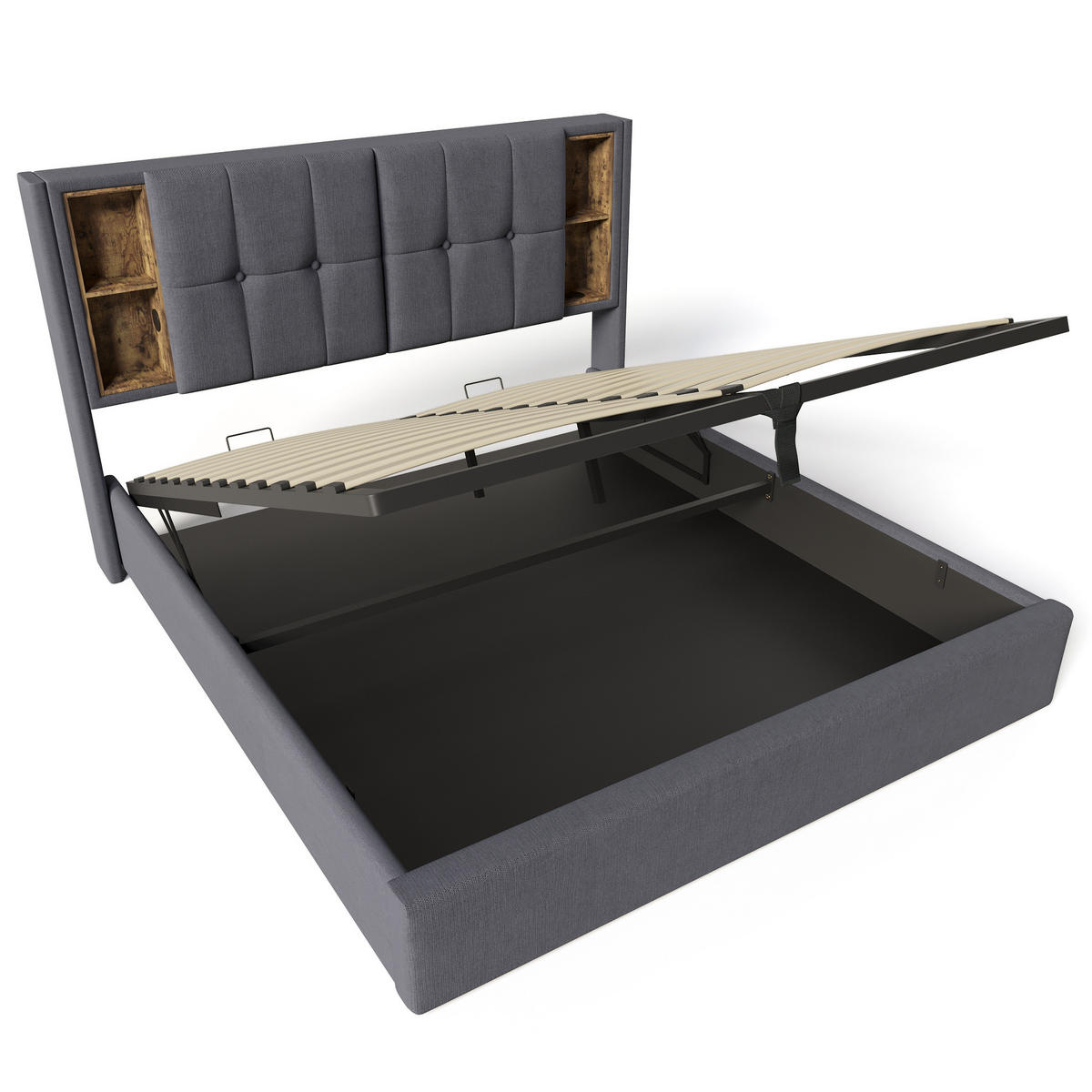 POLSTERBETT aus Baumwolle 160/200 cm mit kabellosem Laden, USB-C, Matratze, Bettkasten und Federkernmatratze, Grau - Grau, Textil (160/200cm) - Redom