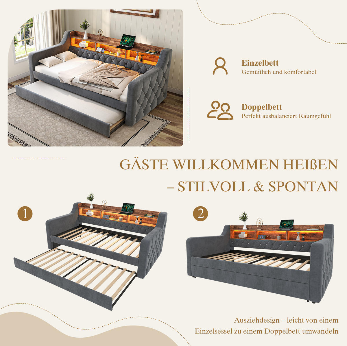 POLSTERBETT 90/180x190 cm aus Samt in Dunkelgrau mit LED und USB- und Type-C-Anschlüssen - Dunkelgrau, Textil (90/190cm) - Flora Grace