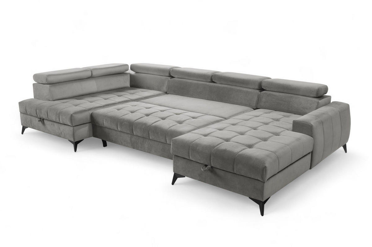 WOHNLANDSCHAFT Arkucio U Grau 345/200/95 cm – großes Sofa mit Schlaffunktion R - Schwarz/Grau, Textil/Metall (345/95/200cm) - AX Living