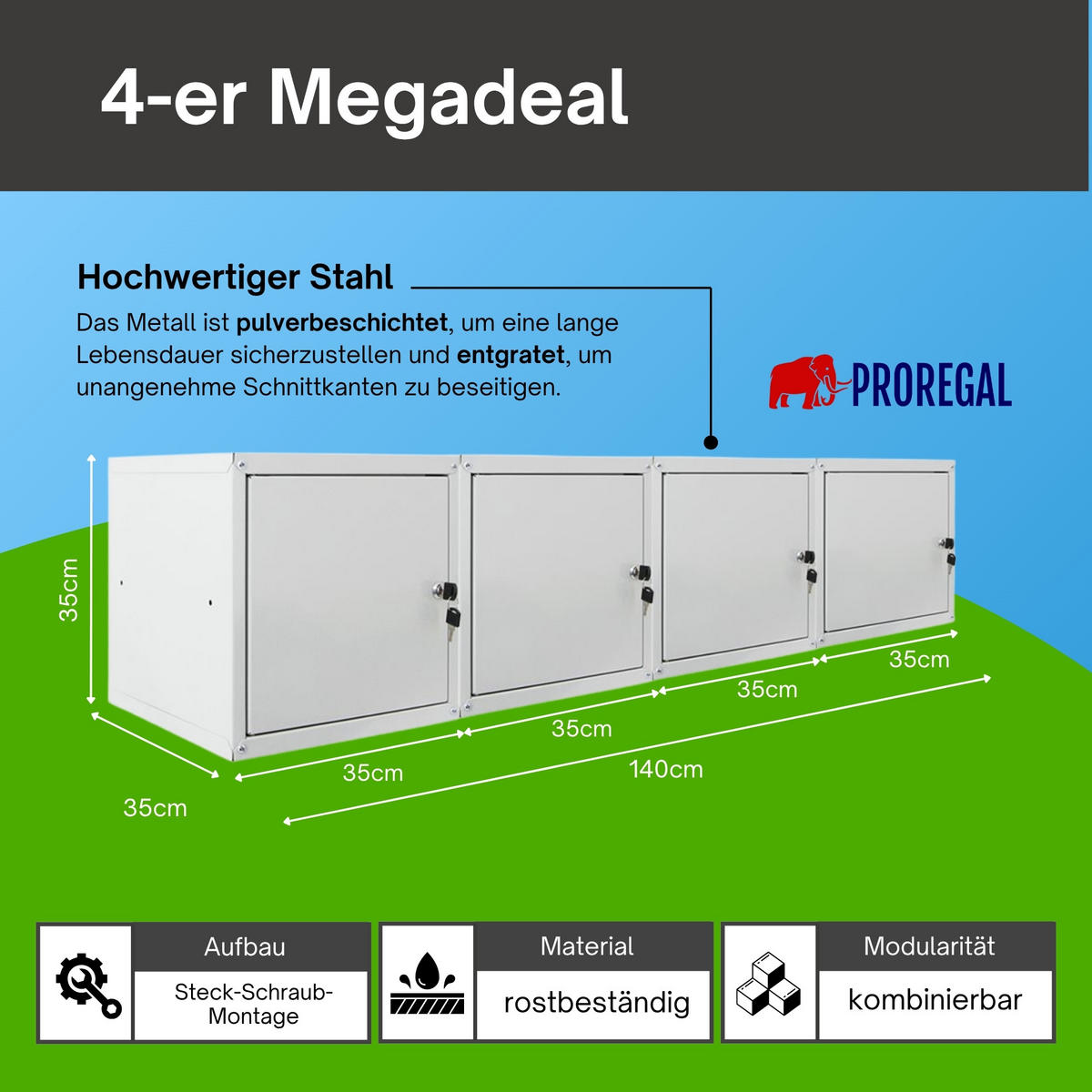 SCHLIESSFACHWÜRFEL Cubic 4er-Set 35x35x35 cm Grau - Grau, Metall (70/70/35cm) - PROREGAL