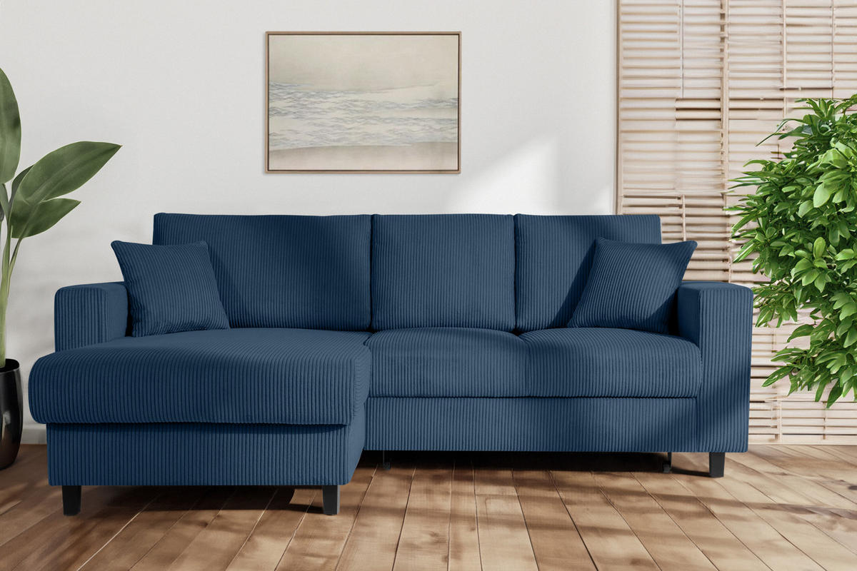 ECKSCHLAFSOFA EGRET Links mit Bettkasten, Cord-Stoff, marineblau - Blau/Grün, Textil (234/90cm) - KONSIMO®