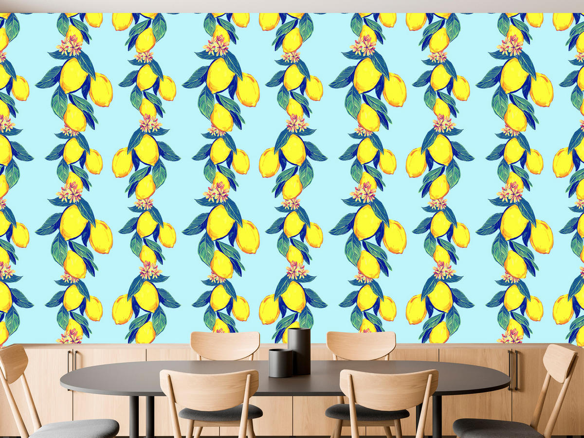 VLIESTAPETE Zitronen und Blüten – Gelb, Blau, Hellblau – 50x1000 cm - Blau/Gelb, Papier (50/1000cm) - Muralo