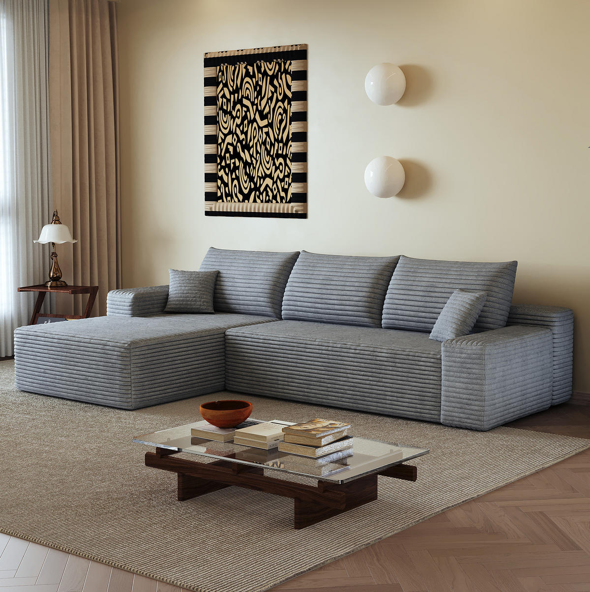 ECKSOFA 270 cm in Grau aus Cord mit weicher Polsterung - Grau, Textil (175/270cm) - Flora Grace
