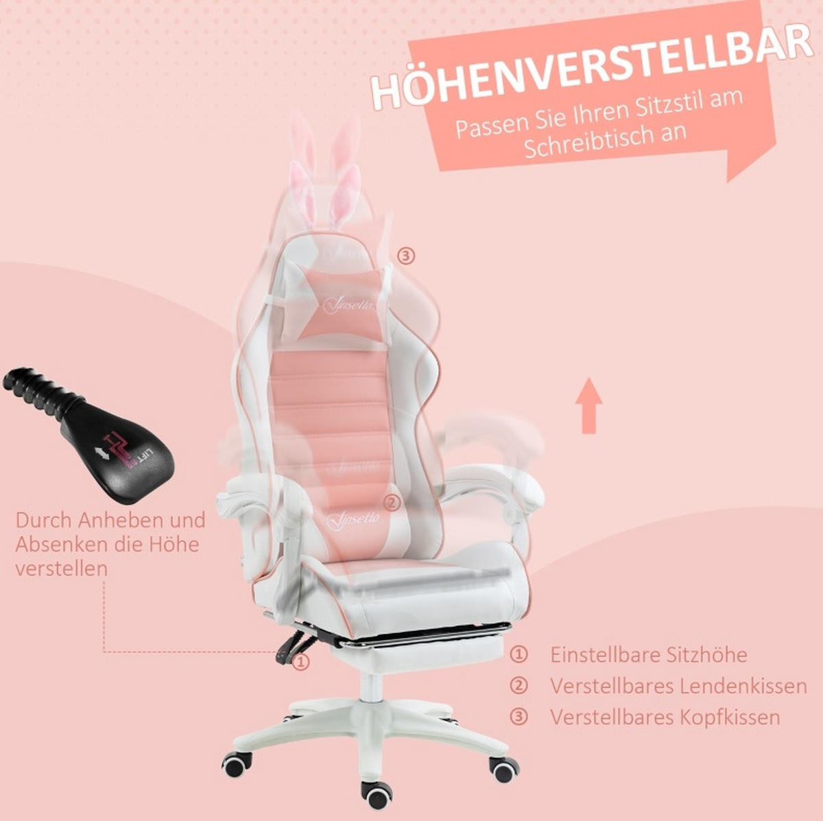 GAMINGSTUHL 65/63/136-142 cm, höhenverstellbar 44-52 cm, mit Fußstütze und Hasenohren, Bonded Leather, Pink - Pink, Kunststoff (63/142/65cm) - Redom