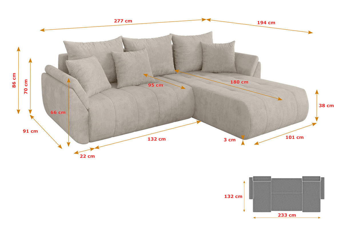 ROHOVÁ SEDAČKA s funkcí spaní, otoman vpravo TOKO-L 277x194x86 krémová manšestr - černá/krémová, kompozitní dřevo/textil (277/194cm) - ALTDECOR