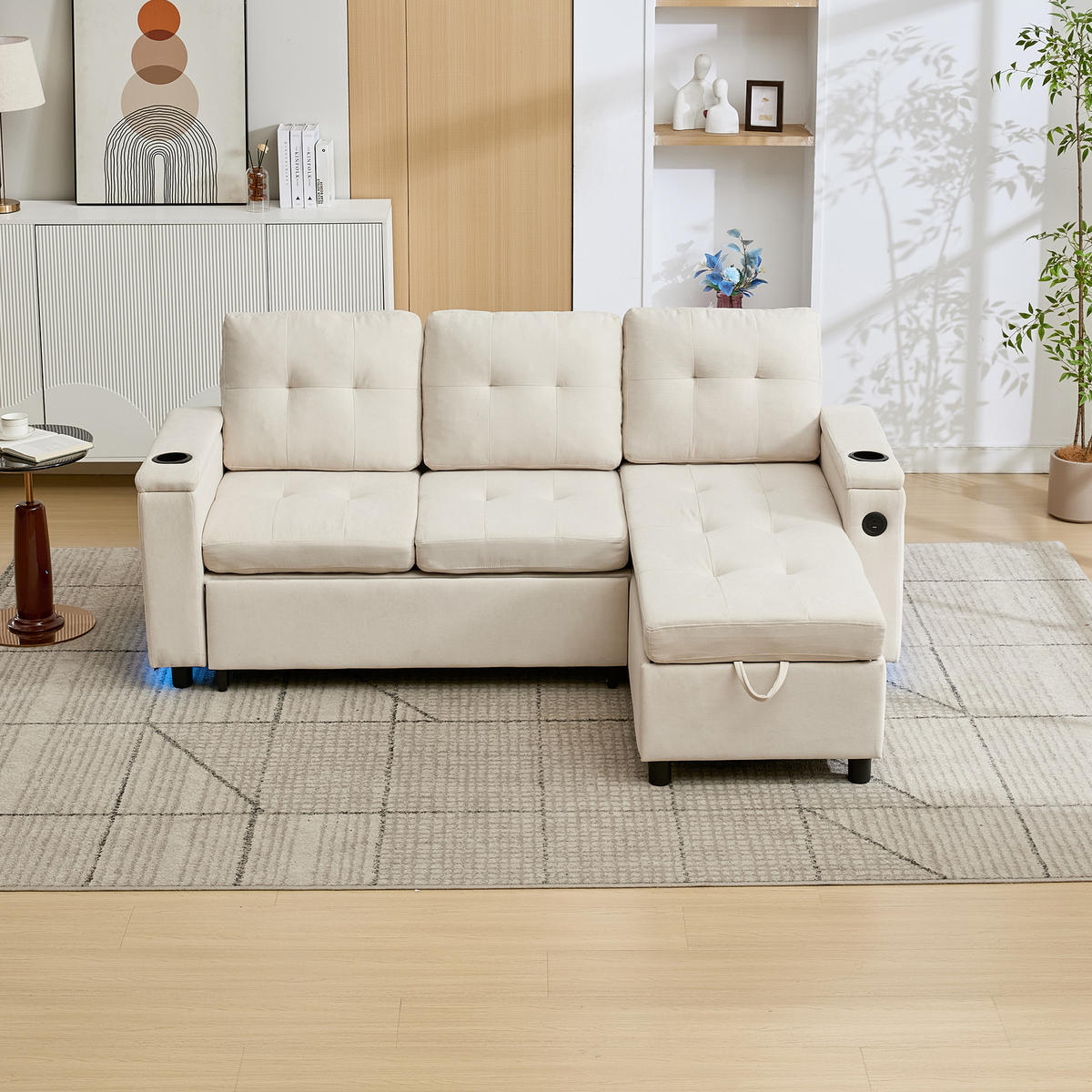 SCHLAFSOFA, Stoff mit Stauraum & LED-Lichtleiste, 208/146/89,5 cm, Beige - Beige, Textil (146/89.5/208cm) - Redom