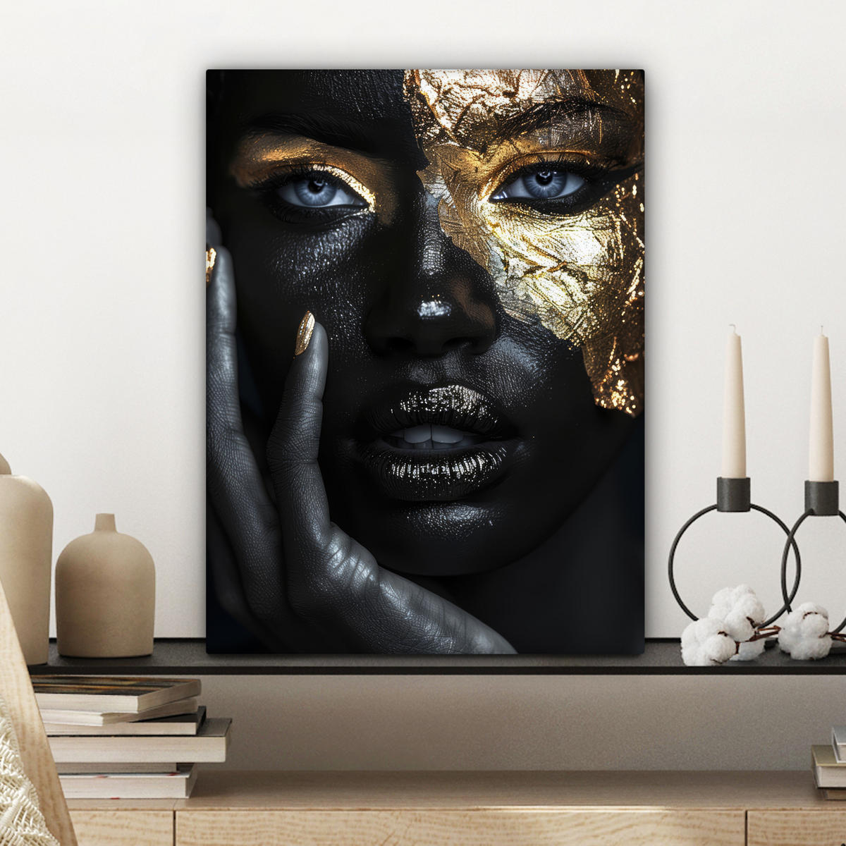 LEINWANDBILD Frau - Gold - Porträt - Schwarz-Weiß - Luxus Room Decor 30x40 cm - Hellblau, Textil (30/40cm) - MuchoWow