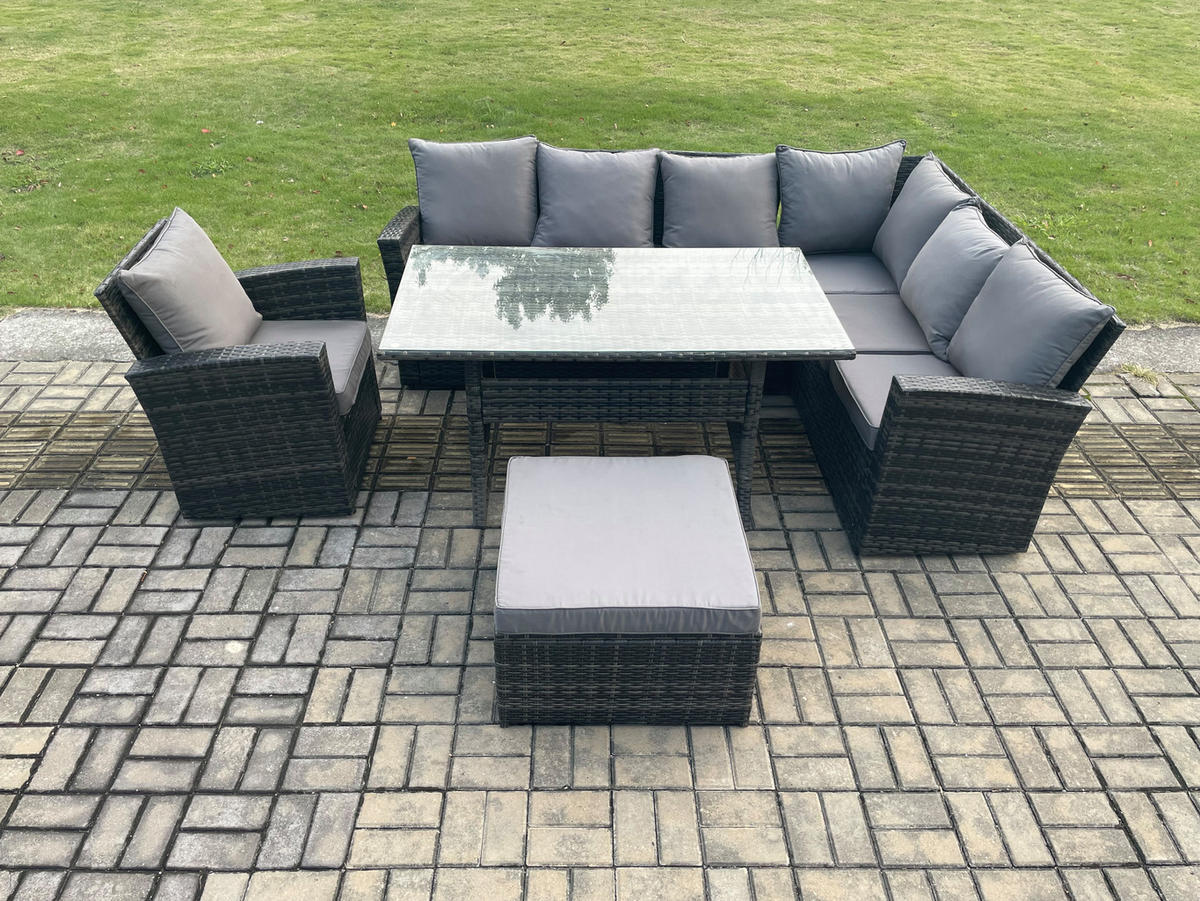 LOUNGEGARNITUR mit Esstisch Sofa Polyrattan Dunkelgrau 8-Sitzer - Dunkelgrau/Grau, Glas/Kunststoff - Fimous