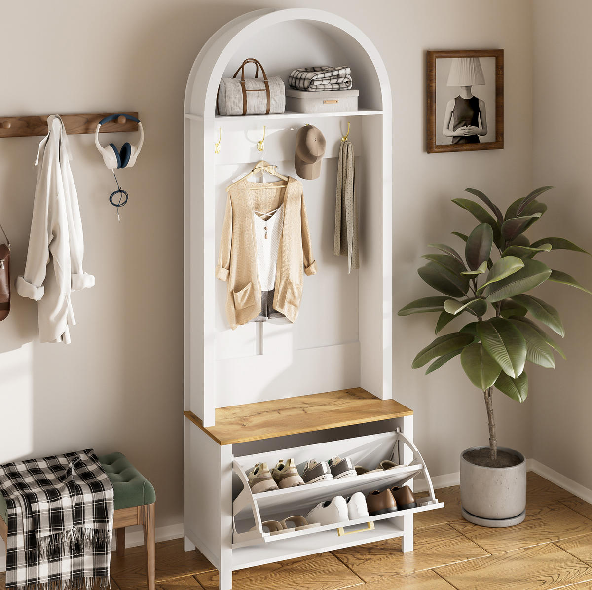 GARDEROBE 75/195/35 cm Weiß/Holzfarben aus MDF mit Schuhfach und Haken - Weiß, Holzwerkstoff (35/195/75cm) - OKMYHOME
