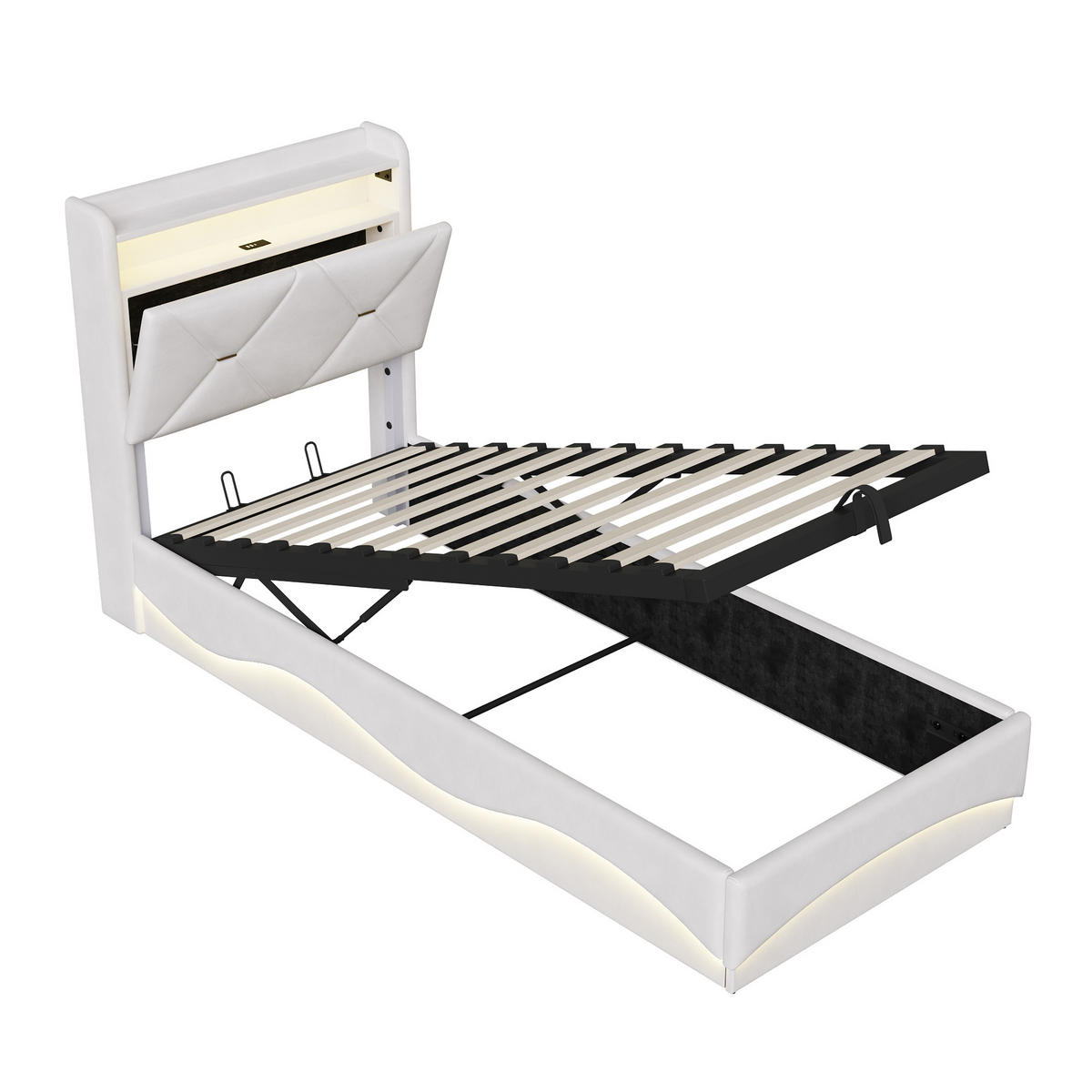 POLSTERBETT 90x200 cm mit Bettkasten, hydraulischer Stauraum, LED, USB & Type-C, Kopfteil mit Ablage und Lattenrost, Beige - Beige, Metall (90/200cm) - EuroLiving