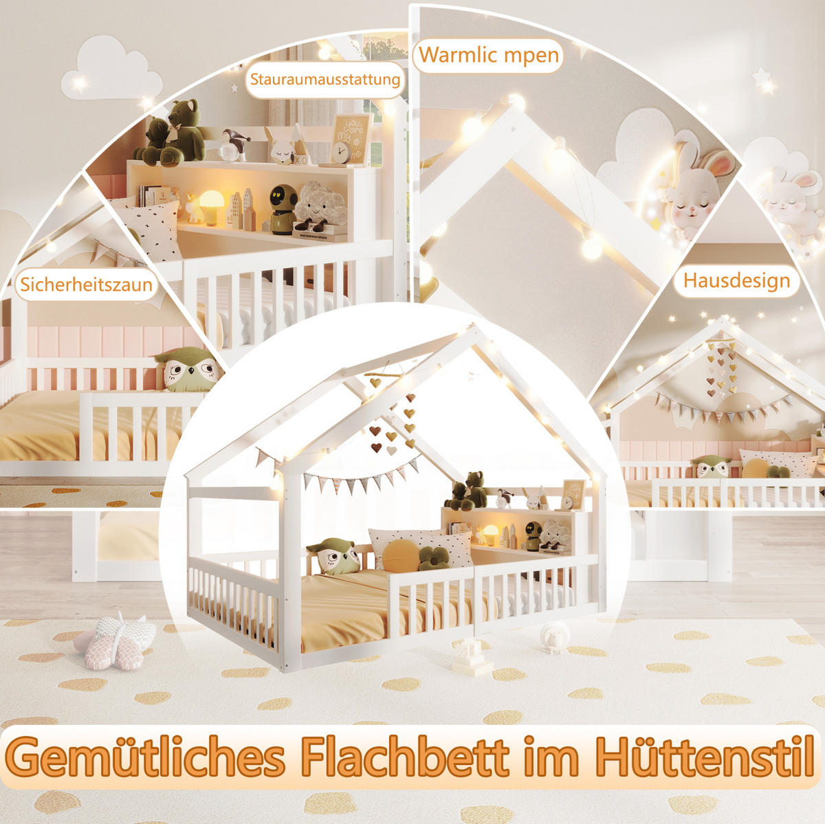 HAUSBETT 140/190 cm Weiß aus Kiefernholz und MDF mit Schutzgitter und Seitenregal - Weiß, Holz (140/190cm) - OKMYHOME