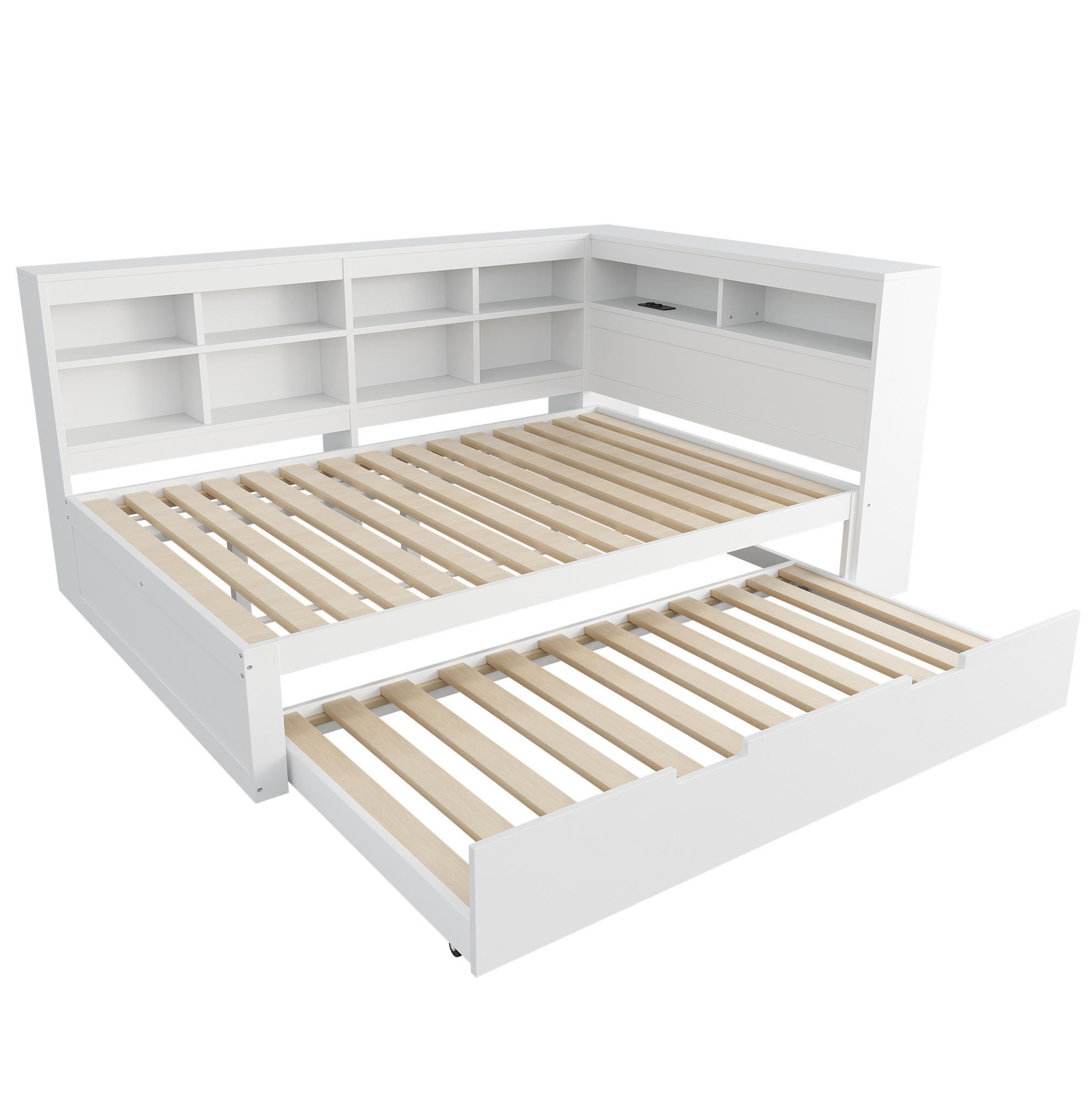 BETT aus Holz 140x200 cm Weiß mit Ausziehbett, USB-Anschluss und Stauraum - Weiß, Holzwerkstoff (140/200cm) - Modfu