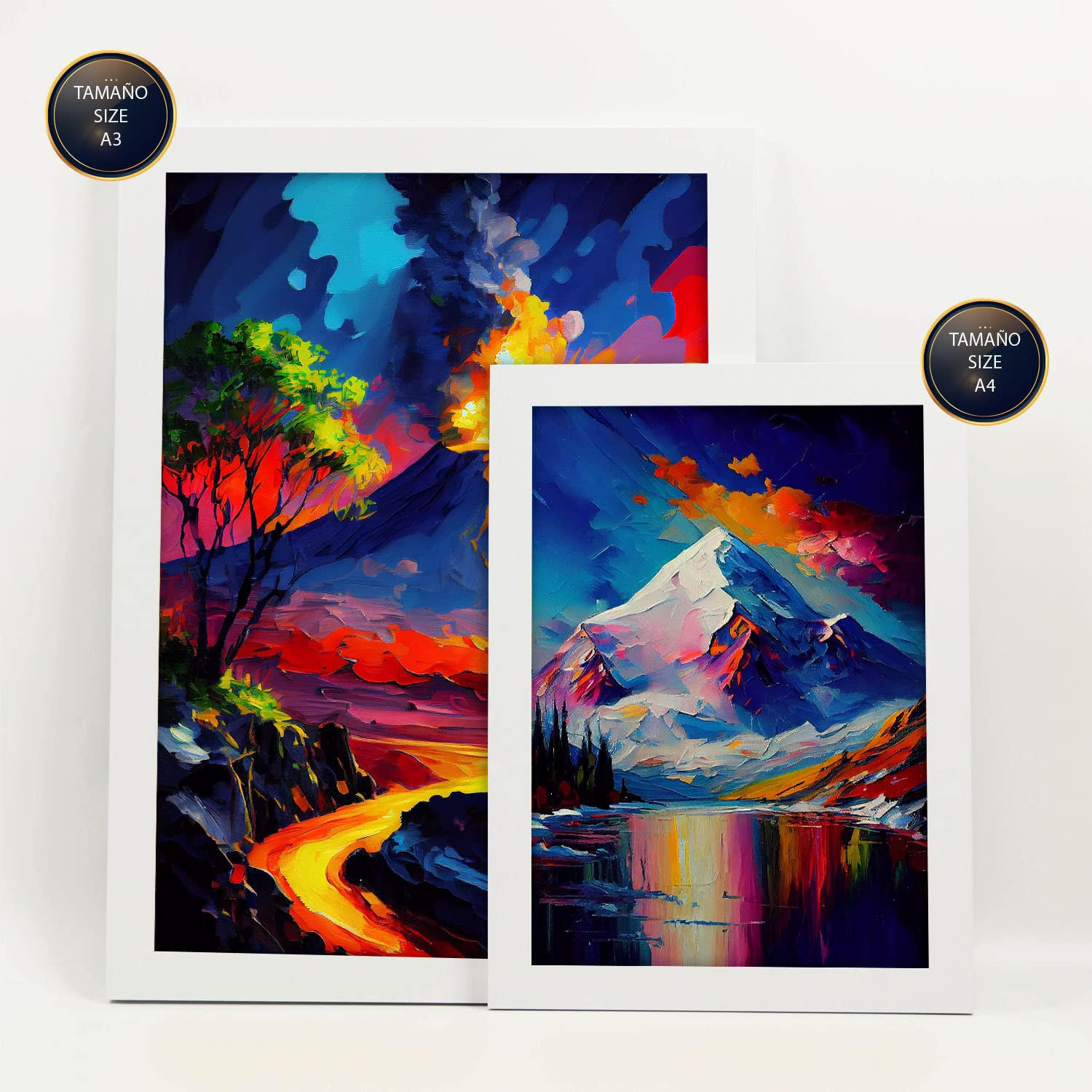 POSTER Set Mit 6 Wasser & Feuer Im Ölgemälde Stil A3 & A4 Weißer Rahmen - Weiß, Papier (29/3cm) - Nacnic