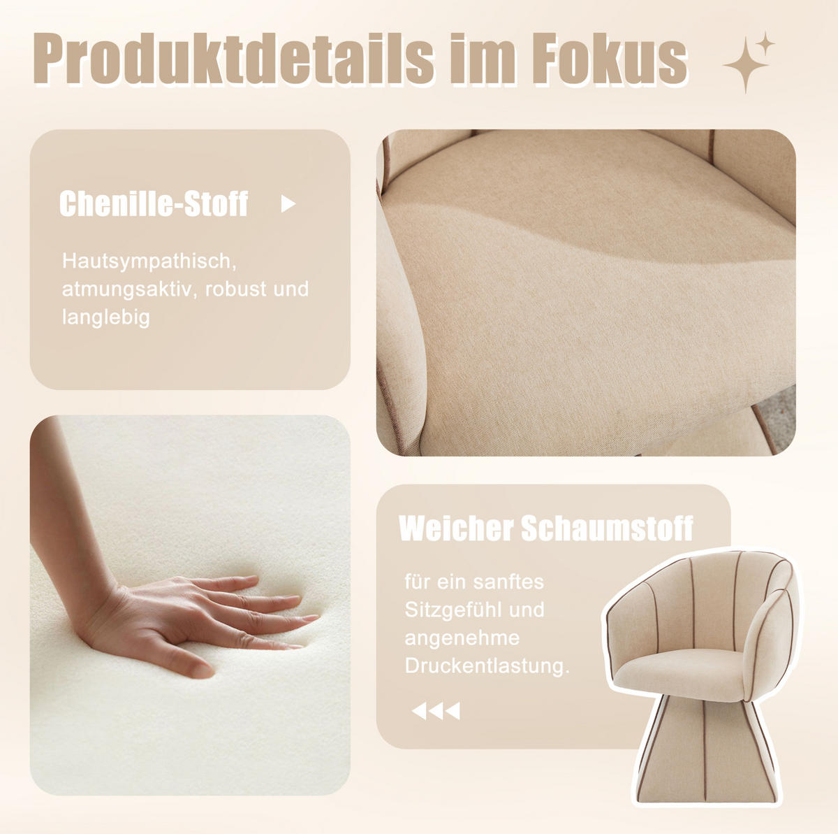 SESSEL 56/54/74,5 cm camel aus Chenille mit 360°-Drehfunktion - Beige, Textil (54/74.5/56cm) - OKWISH