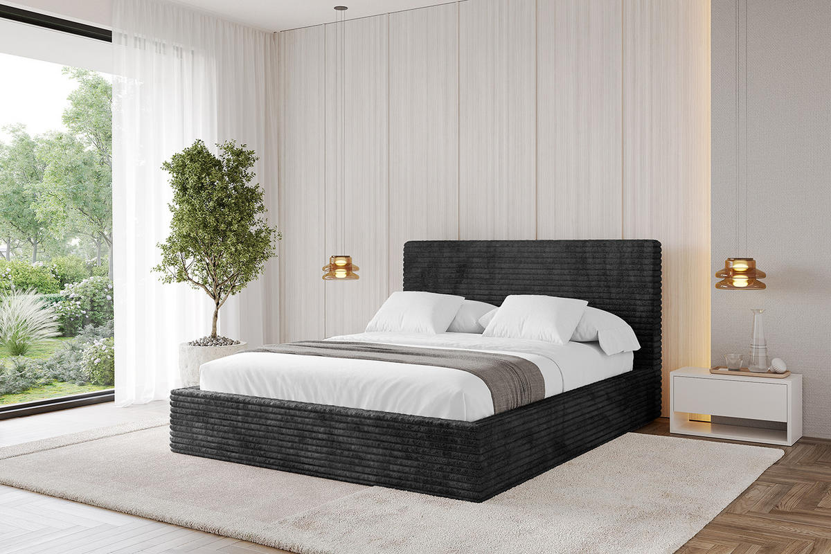 POLSTERBETT mit Bettkasten und Lattenrost, Bett mit Matratze H3/H4 - ALOVA - Schwarz, Holzwerkstoff/Textil (160/200cm) - ALTDECOR