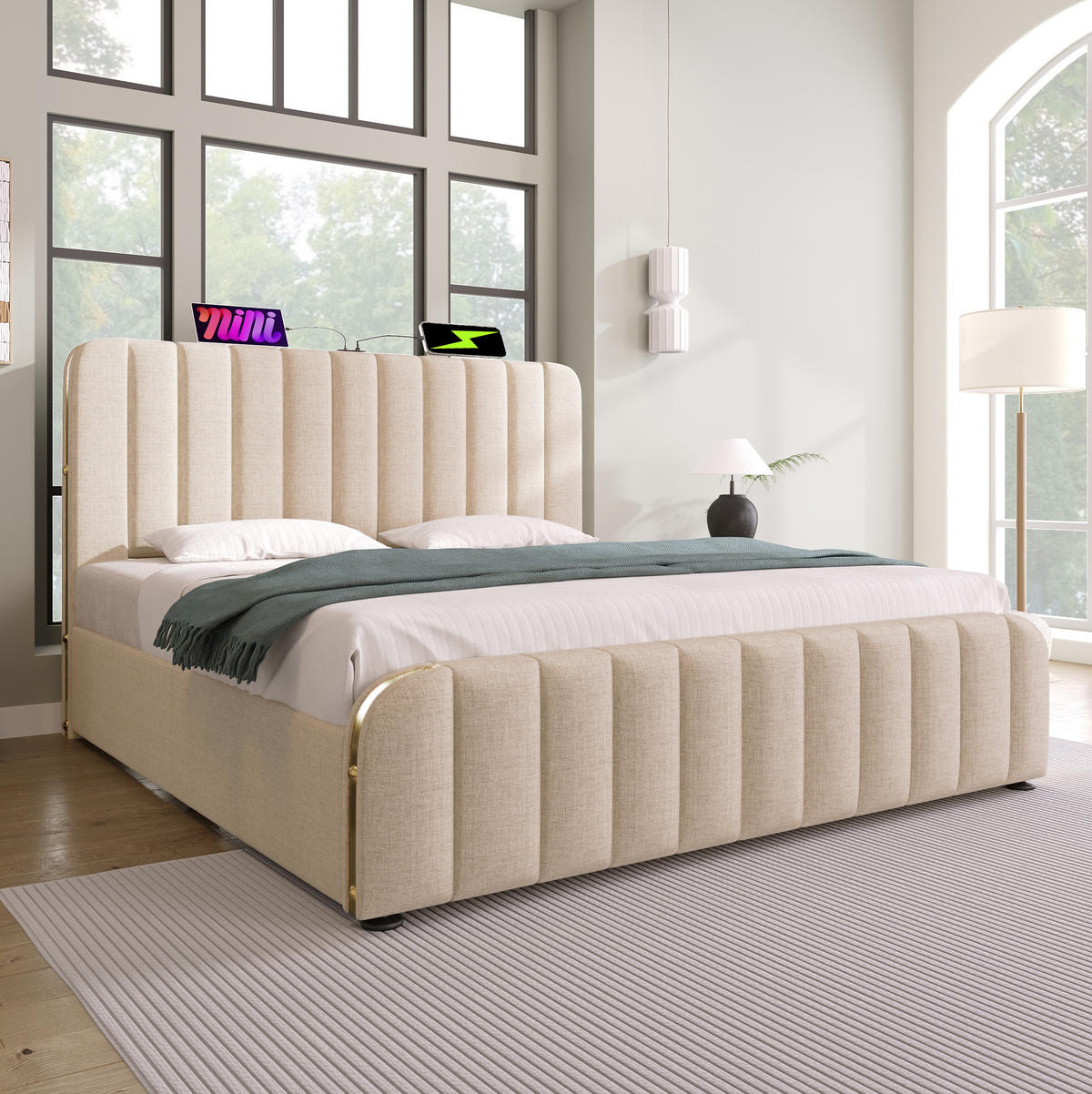 BETT mit 4 Schubladen und USB 140x200 cm Leinen Beige - Beige, Metall (140/200cm) - Meubliv